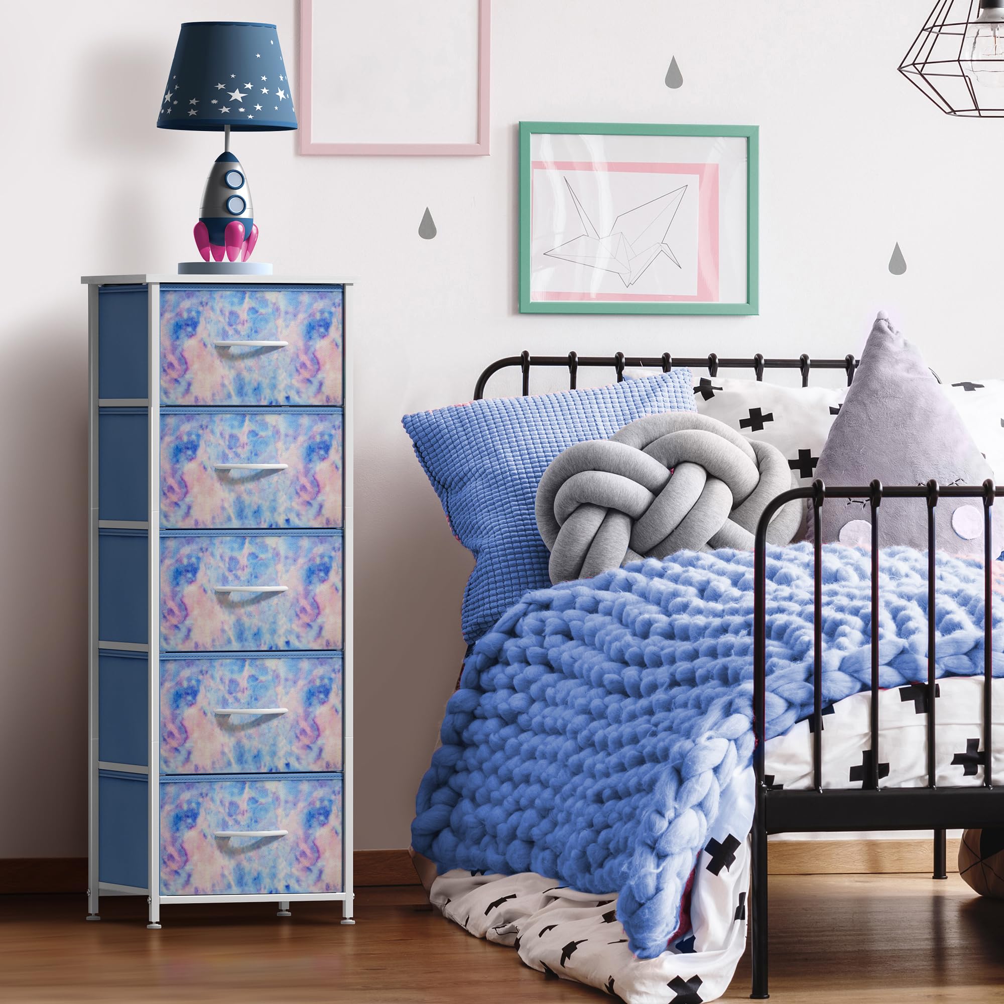 Sorbus 5-Drawer Fabric Dresser for Kids - Tall Storage Tower with Wood Handles & Steel Frame, Tie-Dye Blue - Perfect for Nursery, Playroom & Closet Organization | Kids Clothing Organizer & Toy Storage Solution