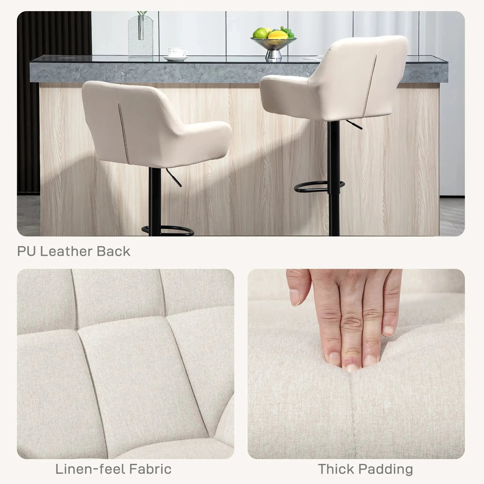 Swivel Adjustable Bar Stools (Set of 2) - Faux Leather & Linen Touch Fabric - 5 Color Options - Perfect for Kitchen Islands, Home Bars & Dining Areas