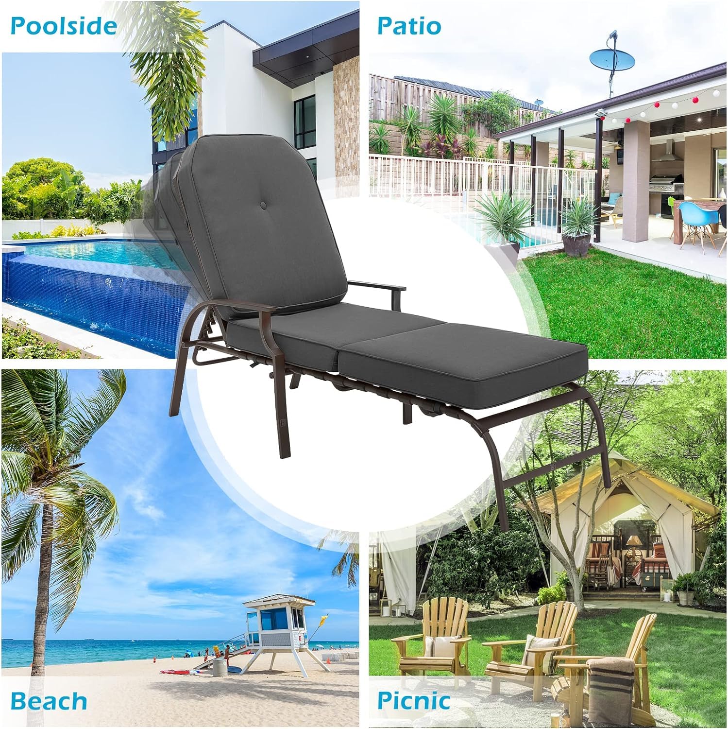 U-MAX Adjustable Outdoor Chaise Lounge Chair Set of 2 - Patio Recliner with Armrest & Cushion - Waterproof Grey Poolside Furniture for Backyard, Deck, Beach & Garden Relaxation