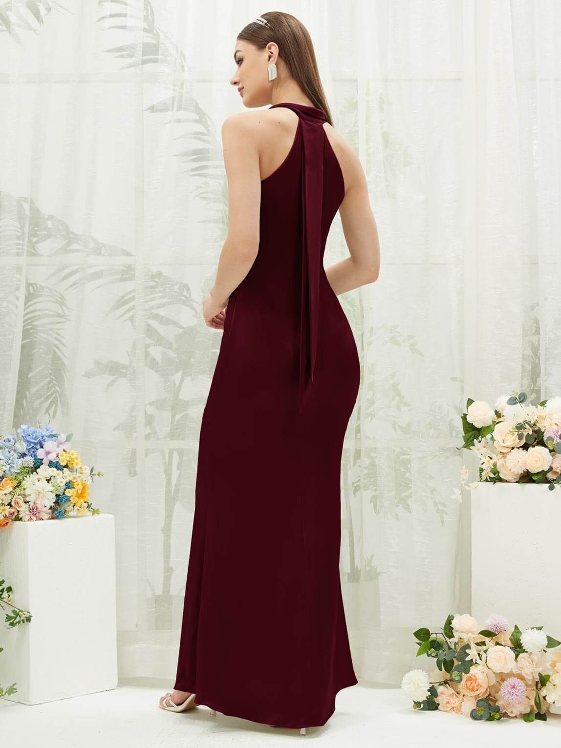 Elegant Burgundy Silk Satin Halter Neck Sheath Dress for Bridesmaids - Perfect for Weddings, Formal Events & Evening Parties