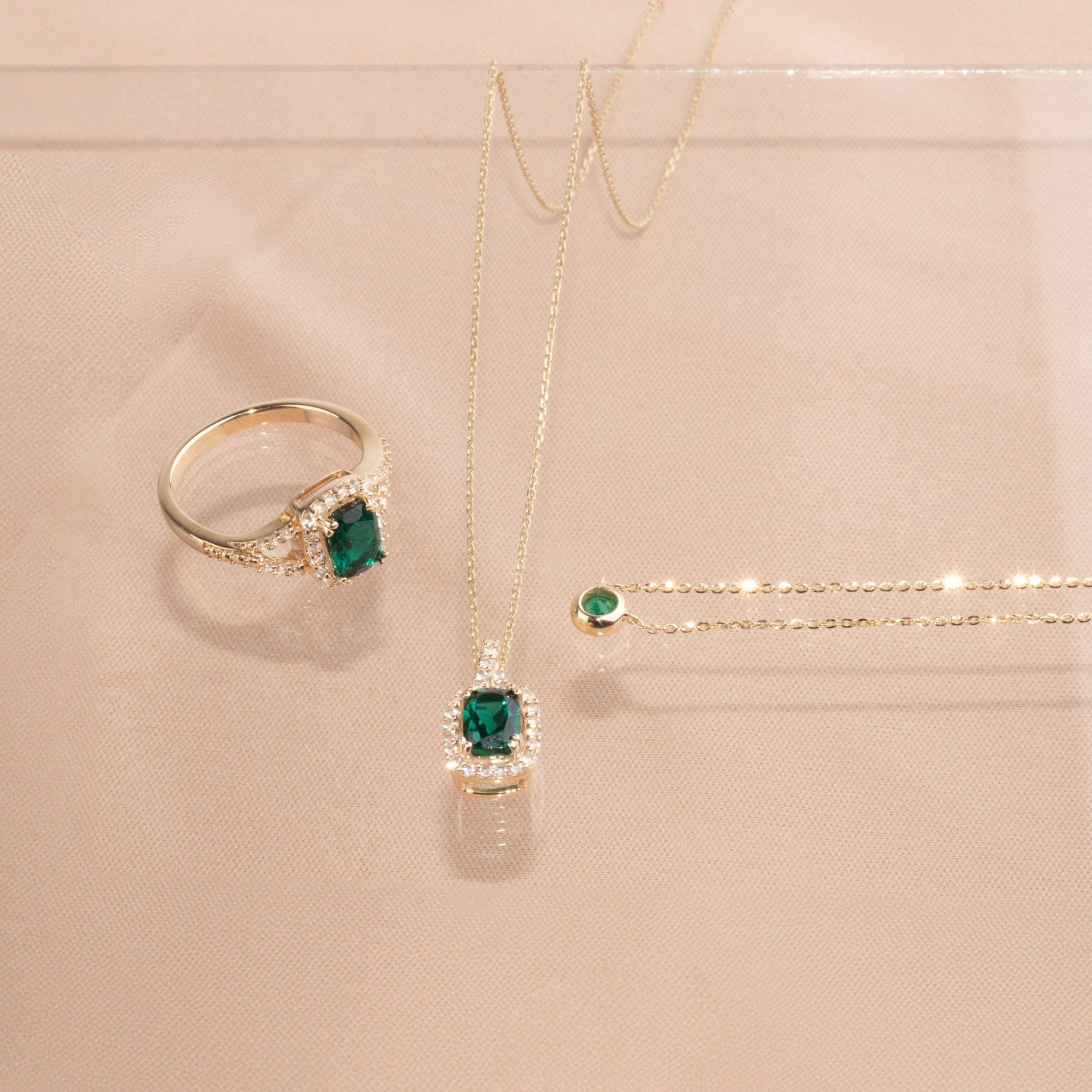 10k Yellow Gold Cushion Cut Emerald Pendant with White Sapphire Halo - Elegant Dainty Jewelry for Women, Perfect Gift for Anniversary, Birthday & Special Occasions