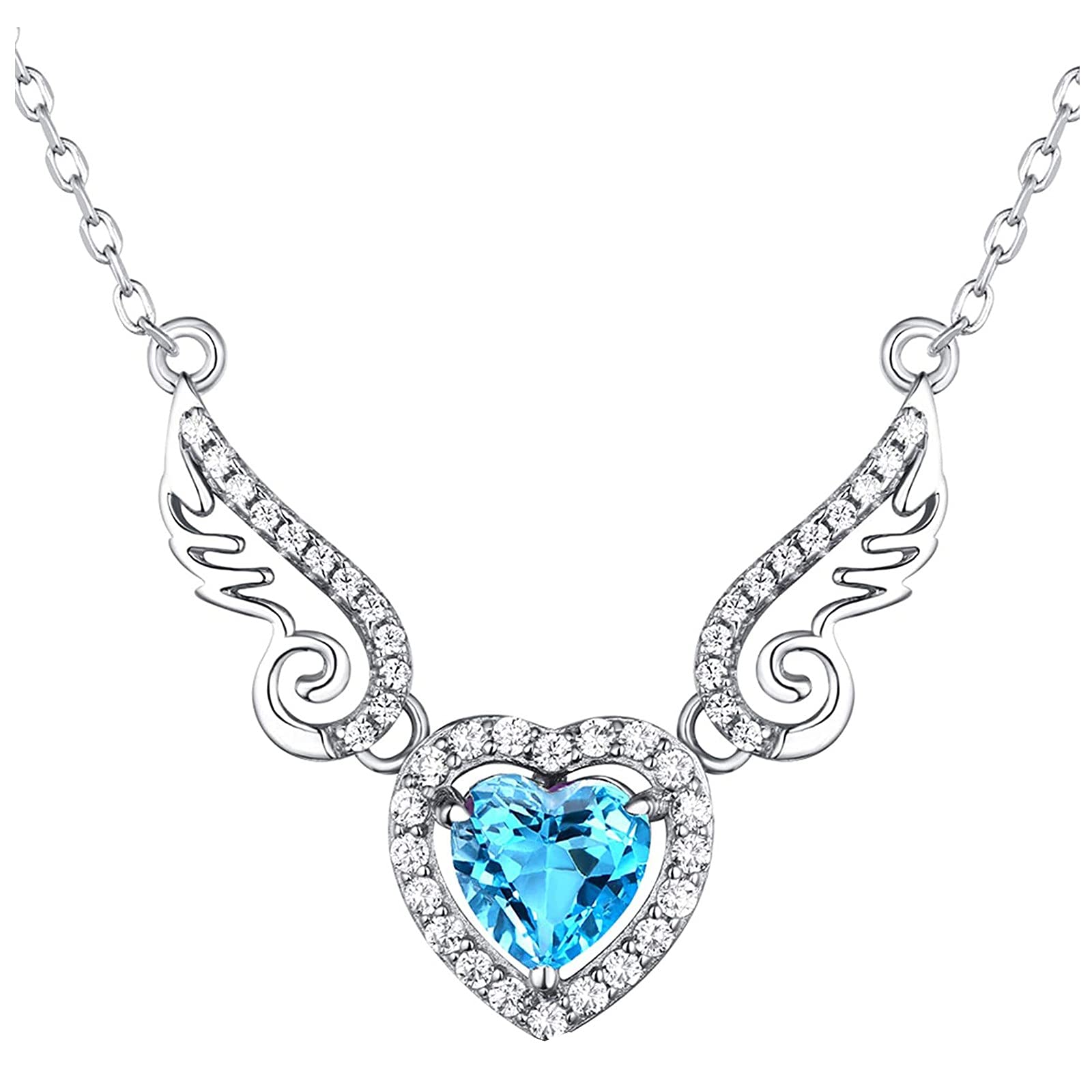 Valentine's Day Heart Pendant Necklace for Women - Angel Wing Gemstone Jewelry Gift for Girlfriend, Wife, Her - Blue Crystal Love Necklace for Anniversary, Birthday, Romantic Date Night (One Size)