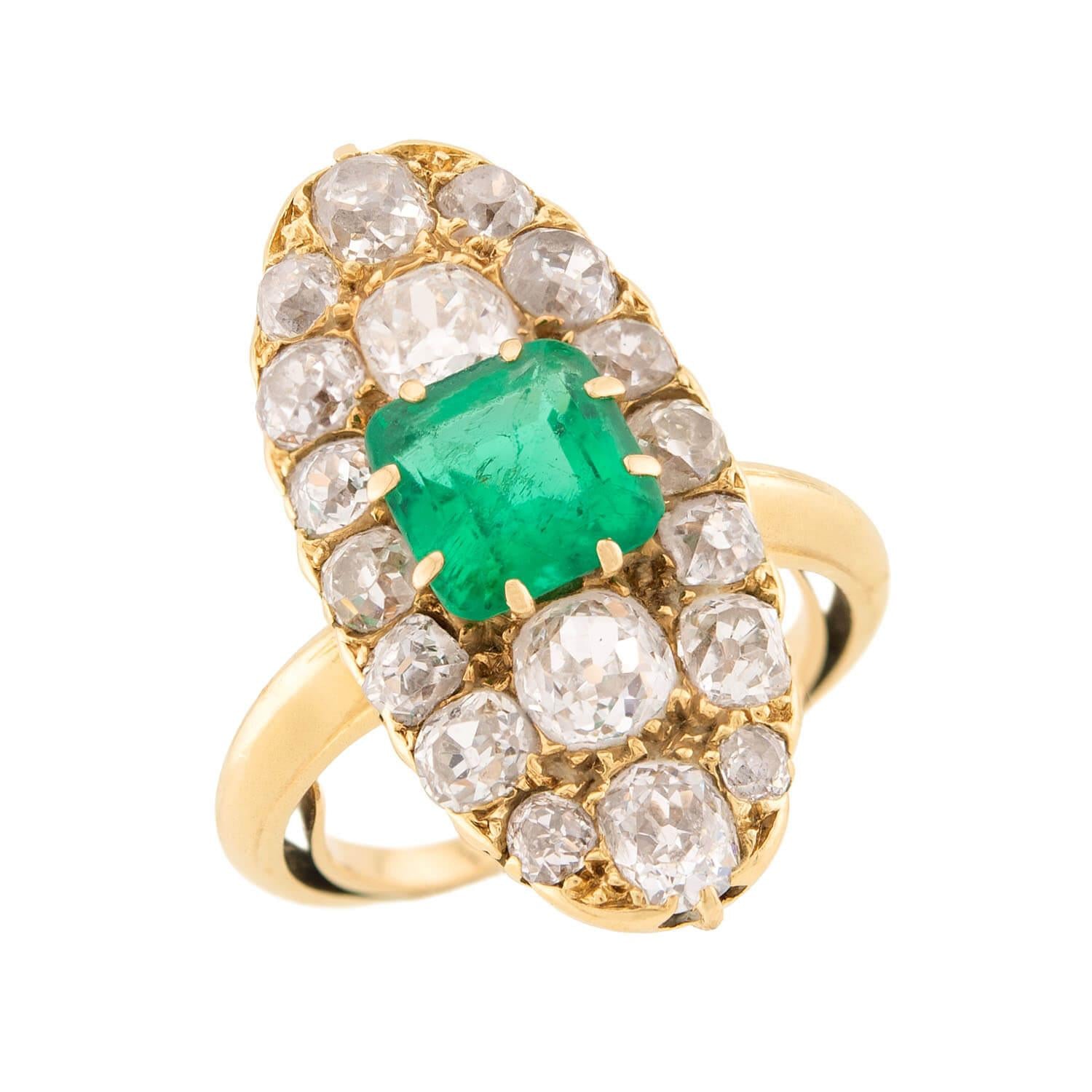 18k Gold Victorian French Emerald and Diamond Navette Ring – Elegant Vintage Jewelry for Weddings, Anniversaries & Special Occasions