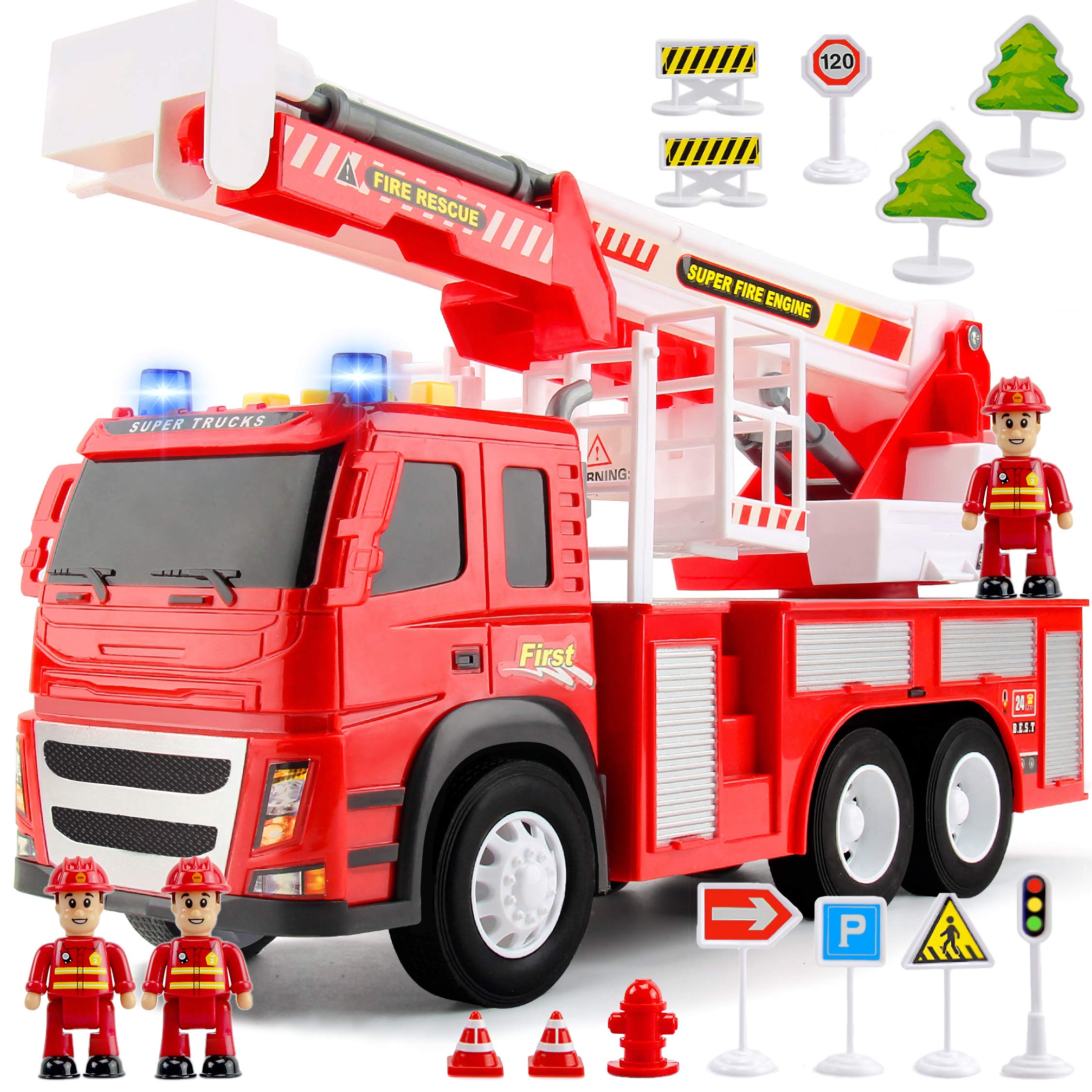 MOBIUS Toys Fire Truck Playset – 1:12 Scale Large Fire Engine Toy with Realistic Lights & Sounds, 3 Firefighter Figures, Road Signs – Friction-Powered Vehicle for Kids Ages 3-5 – Perfect for Pretend Play, Birthday Gifts & Early Learning Activities
