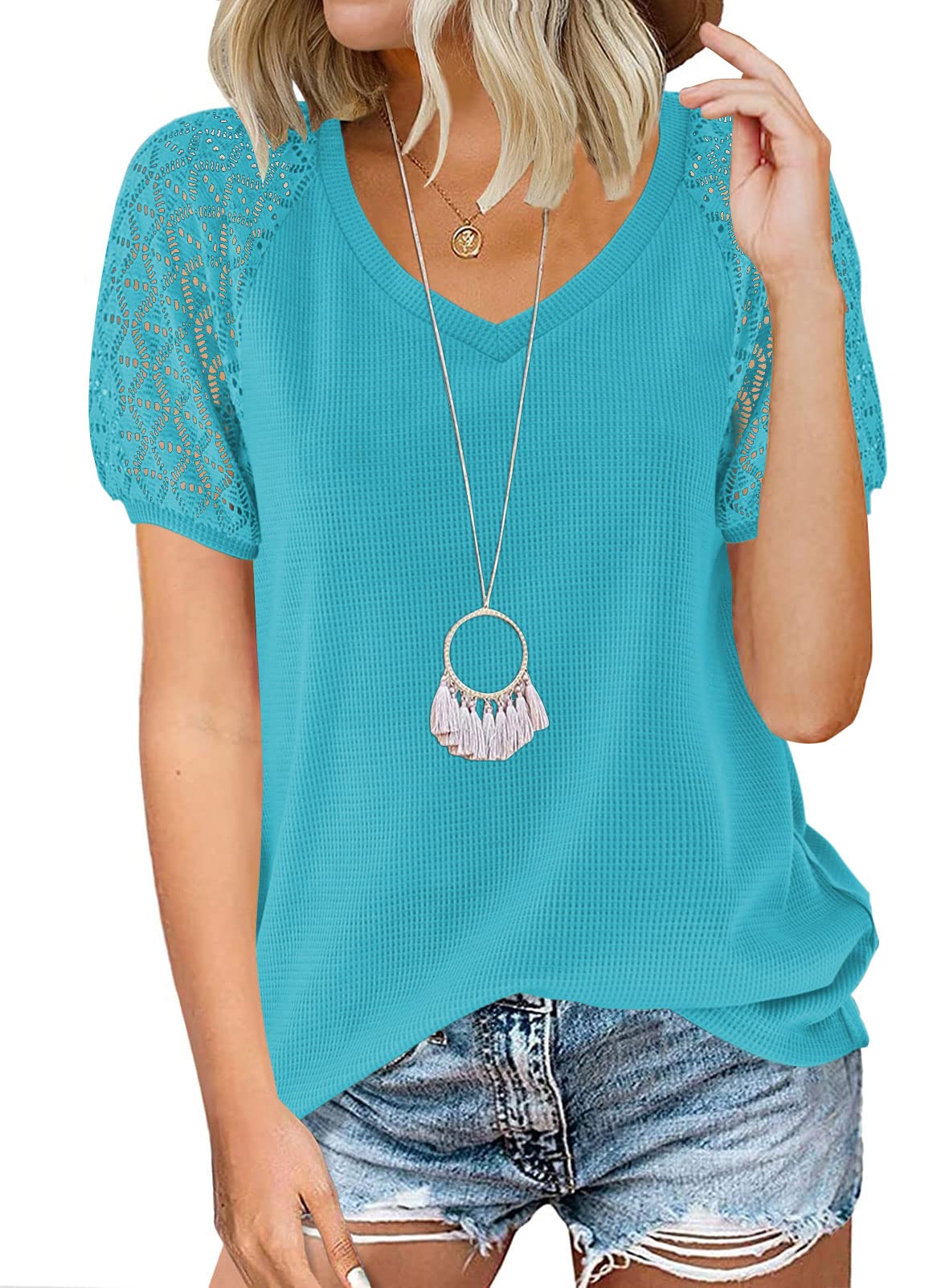 MEROKEETY Women's Summer Lace Short Sleeve V-Neck Blouse - Loose Casual Waffle Tee Top for Women - Perfect for Beach, Vacation & Everyday Wear