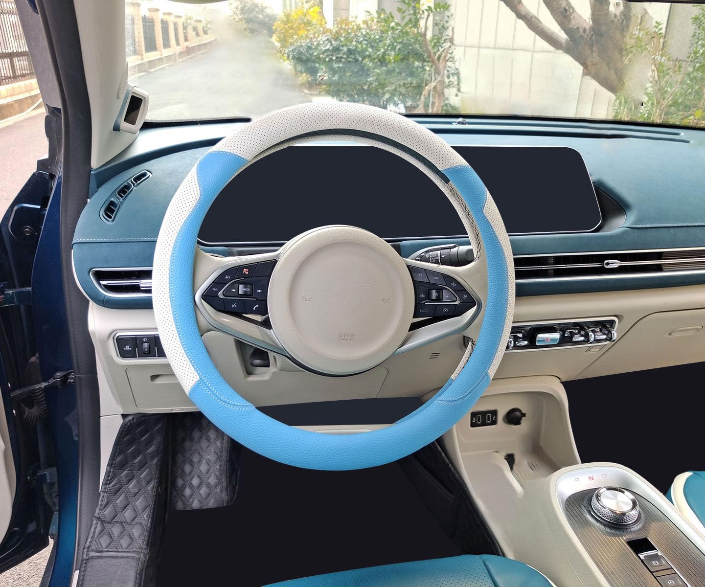 Premium Cool White & Blue Leather Steering Wheel Cover - Universal Fit for 15 Inch Wheels - Comfort Grip for Men & Women - Perfect for Summer Driving, Road Trips & Daily Commutes