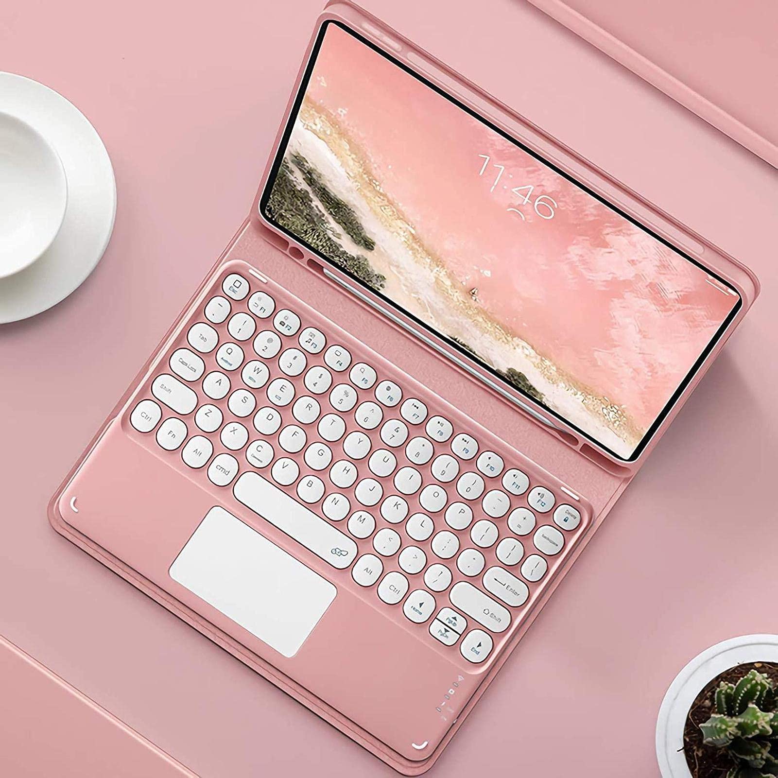 Bluetooth Keyboard Case for iPad Air 4 (10.9 Inch 2020 Model) - Slim Leather Folio Cover with Touchpad & Round Hat Design in Pink | Perfect for Work, Study & Travel