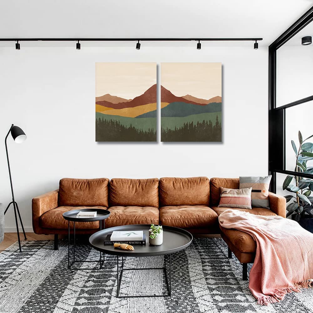 Mid Century Boho Minimalist Canvas Prints - Set of 2 Framed Wall Art (24x36 inch) - Modern Mountain & Abstract Landscape Paintings for Living Room, Bedroom, Dining Room Decor | Perfect for Bohemian Home Styling & Nature-Inspired Interior Design
