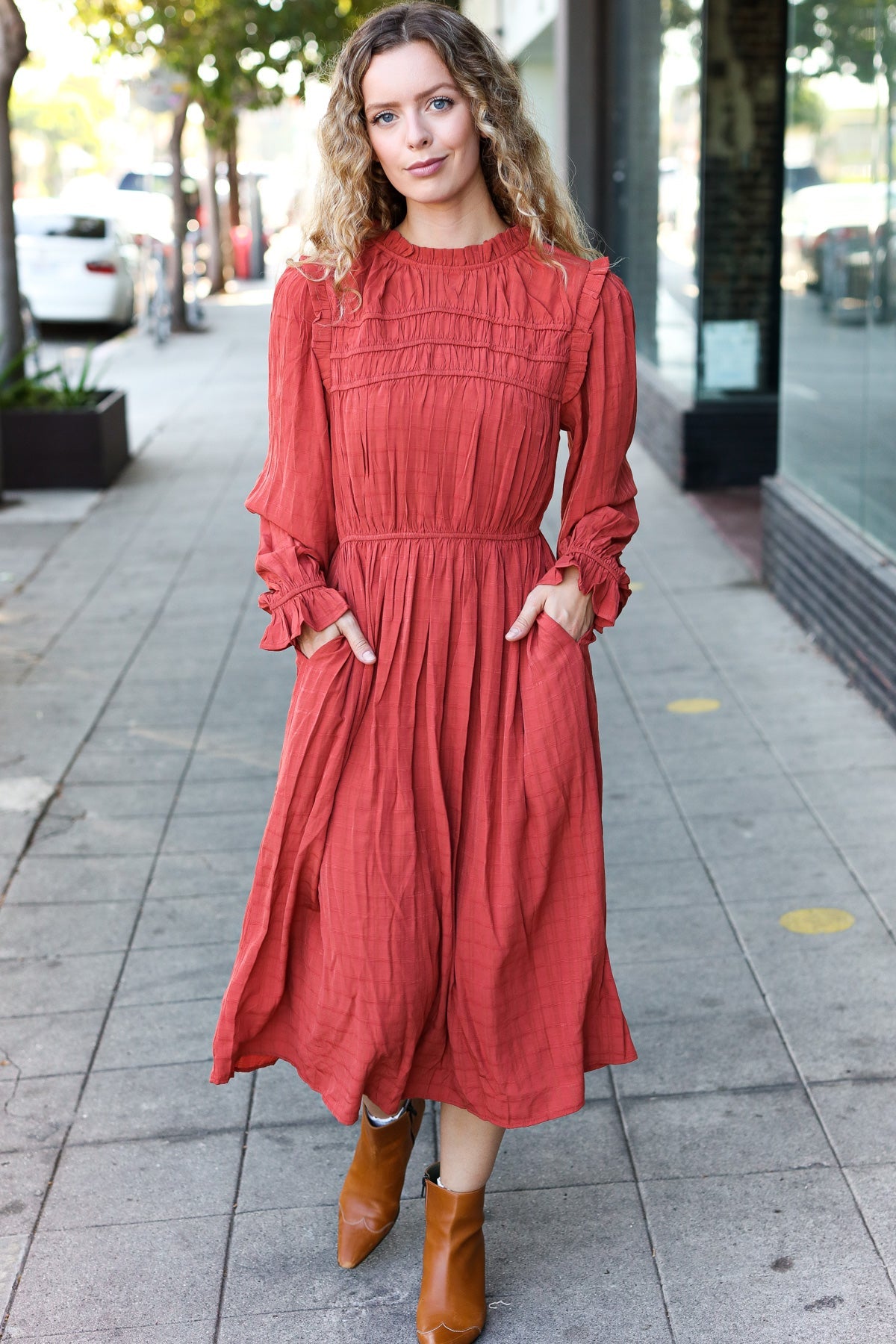 Love Found Rust Mock Neck Embossed Lined Dress - Elegant Fall Winter Women's Fashion for Date Night, Office Wear & Special Occasions