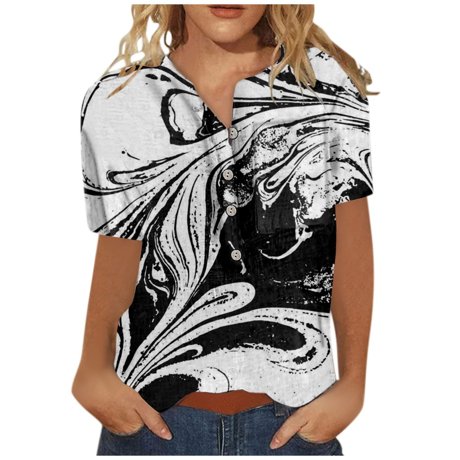Plus Size Women's Summer Tops & Blouses - Short Sleeve Casual & Dressy T-Shirts with Button Neckline | Trendy Printed Tee Shirts for Ladies in White | Perfect for Office Wear, Weekend Outings & Summer Vacation Outfits