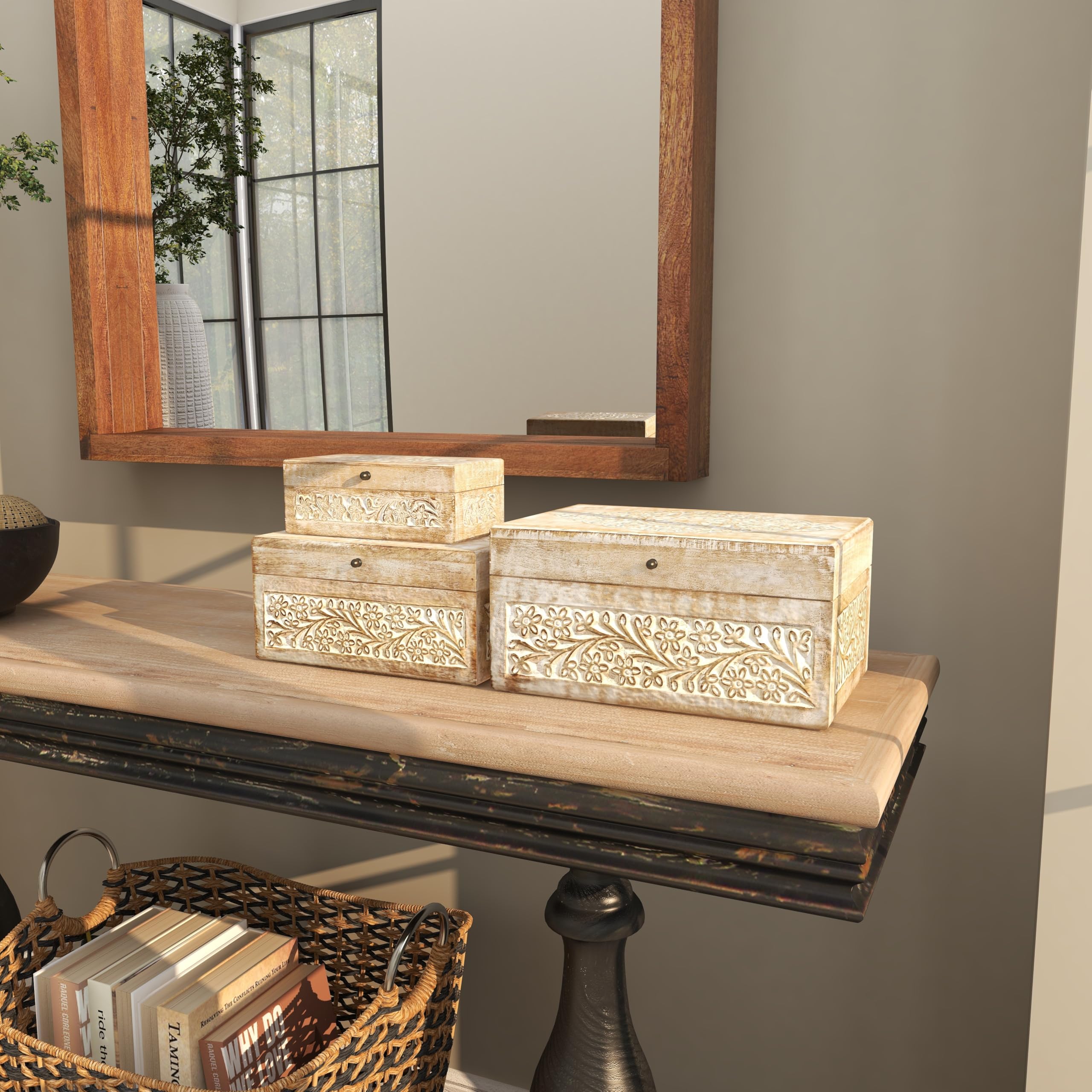 Mango Wood Floral Decorative Box Set of 3 - Storage for Home Decor