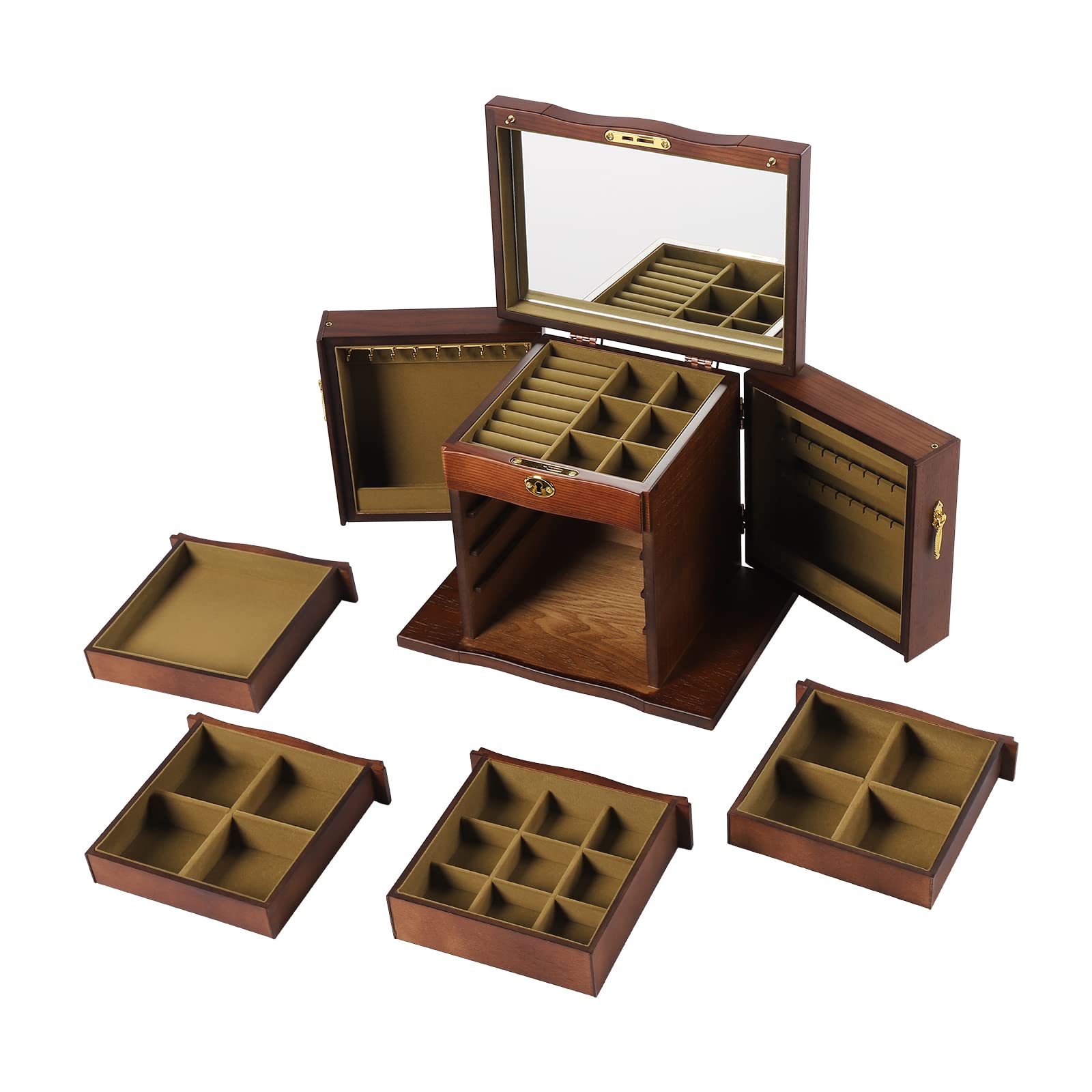 LOYALHEARTDY Large 5-Layer Wooden Jewelry Box with 2 Swing-Out Cabinets, Mirror & Lock - Necklace Earring Bracelet Organizer Storage Display Case - Perfect for Bedroom Vanity, Wedding Gift & Jewelry Collection