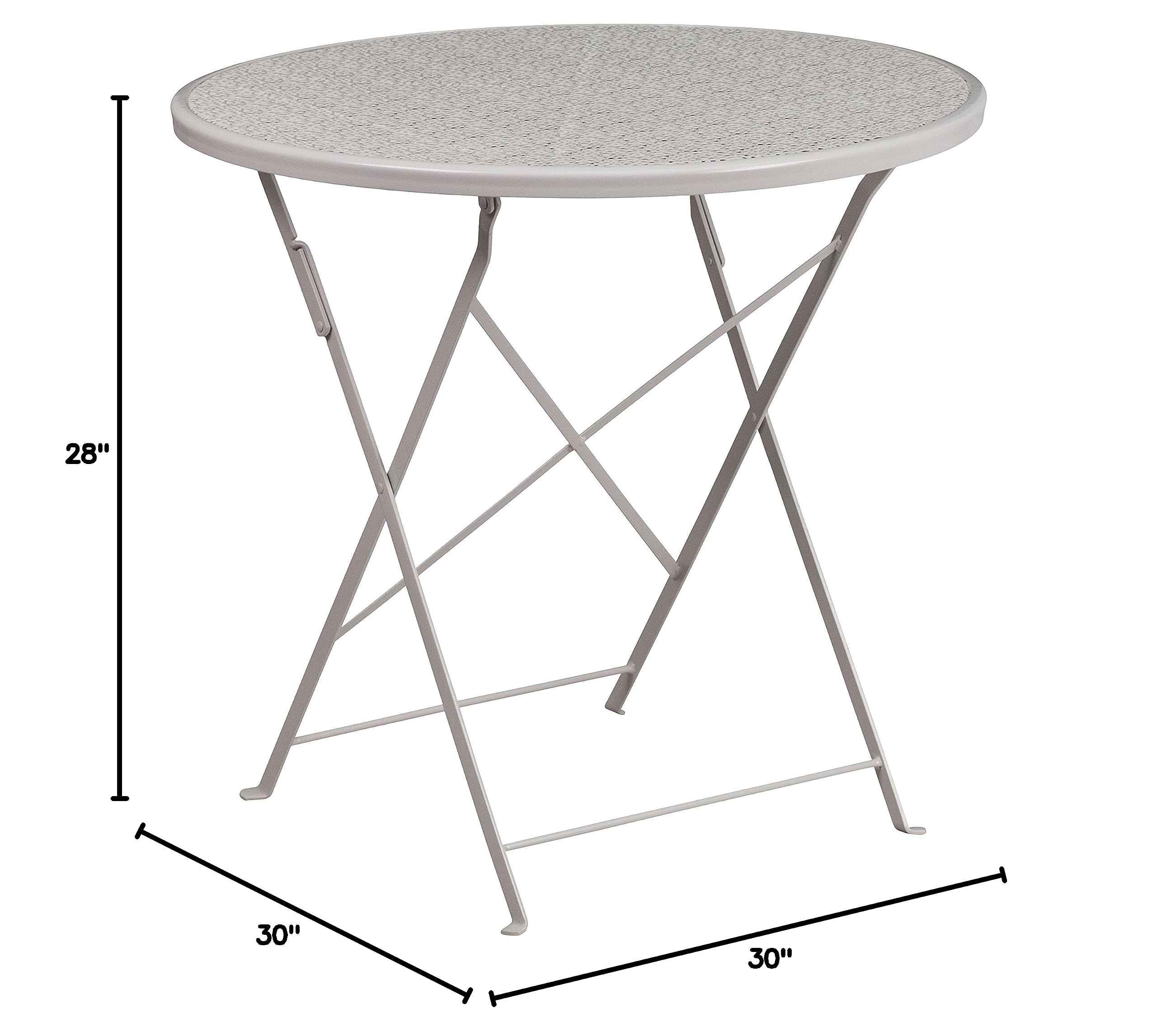 EMMA + OLIVER 30 Inch Round Light Gray Steel Folding Table - Commercial Grade Indoor Outdoor Patio Dining Table for Restaurant, Cafe, Garden, and Backyard Use