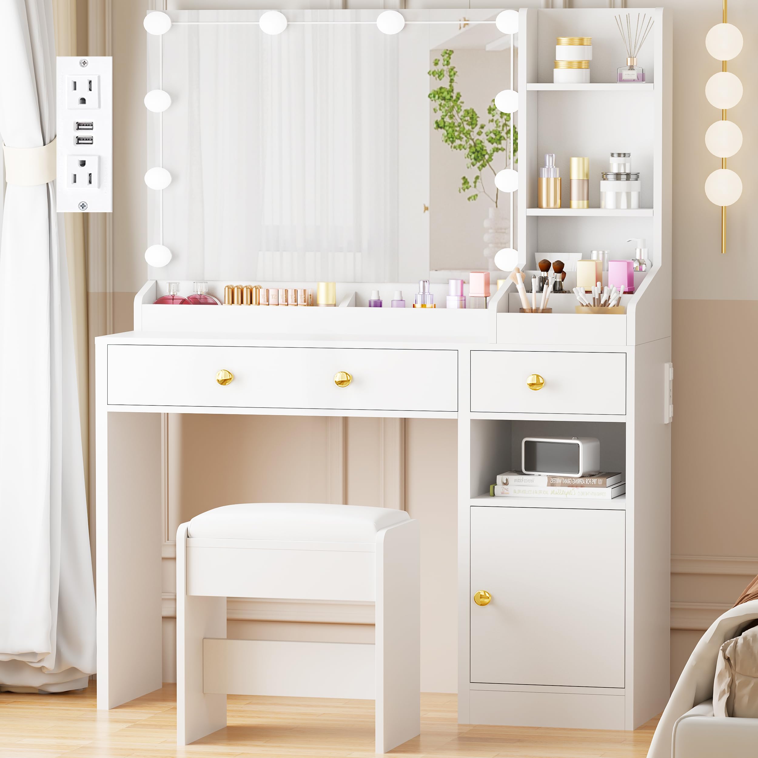 ANWBROAD White Vanity Desk with Mirror & LED Lights - Makeup Vanity Set with 12 Storage Compartments, 5 Desktop Organizers & Built-in Power Outlet - 3 Lighting Modes & Adjustable Brightness - Modern Dressing Table for Bedroom, Home Salon & Makeup Studio (Model UBDT72W)