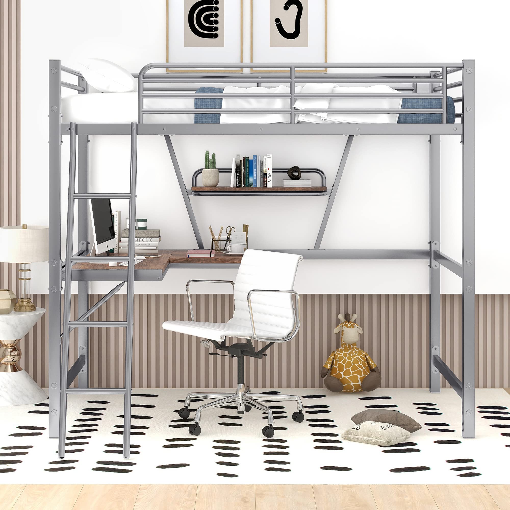 **Heavy Duty Twin Metal Loft Bed with Desk, Shelves & 2 Ladders – High Safety Guard Rails for Kids, Teens & Adults – Modern Silver Loft Bed for Small Spaces, Dorm Rooms & Apartments**