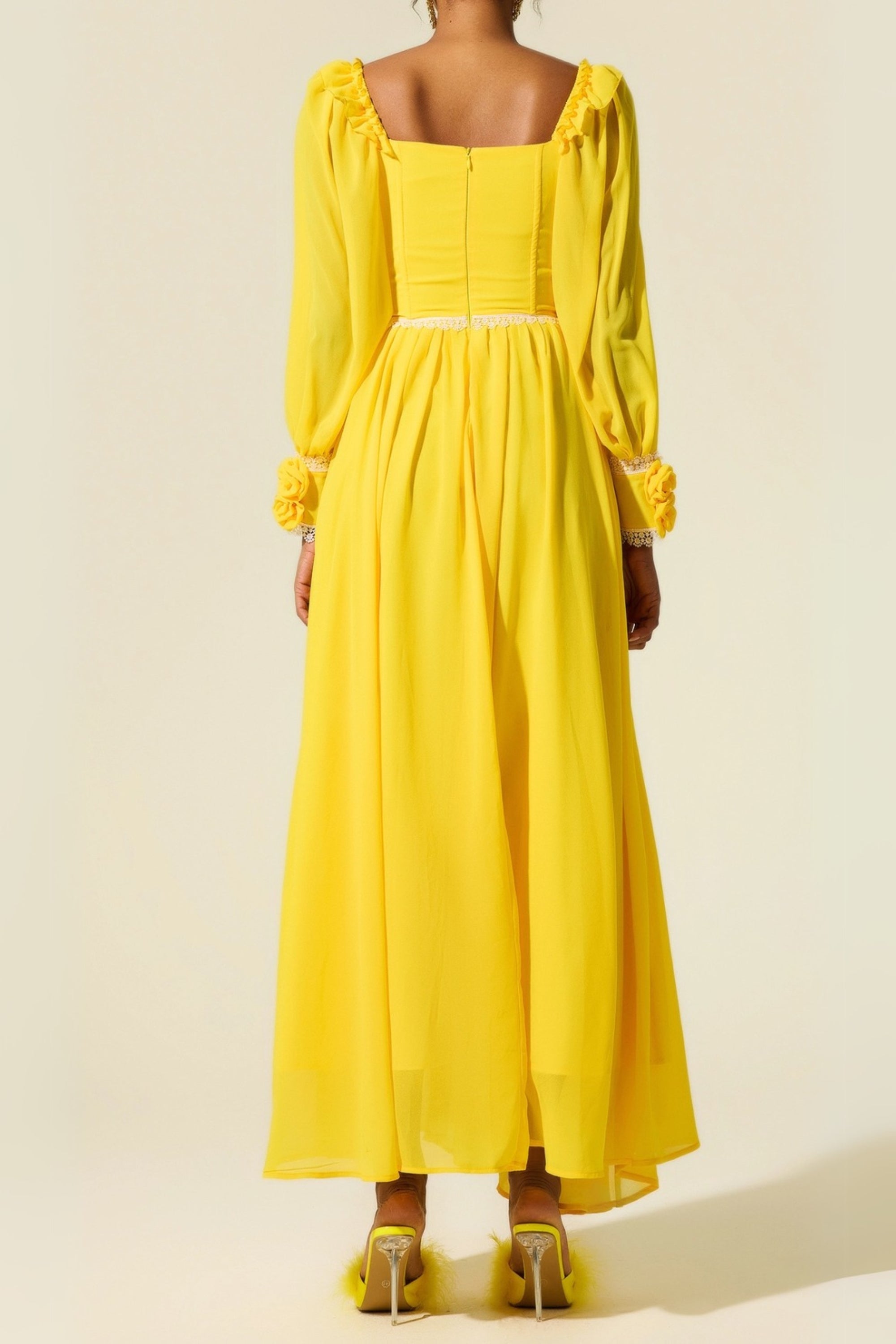 Elegant Yellow Chiffon 3D Flower Long Sleeve Midi Dress for Women | Summer Wedding Guest Dress & Party Cocktail Attire