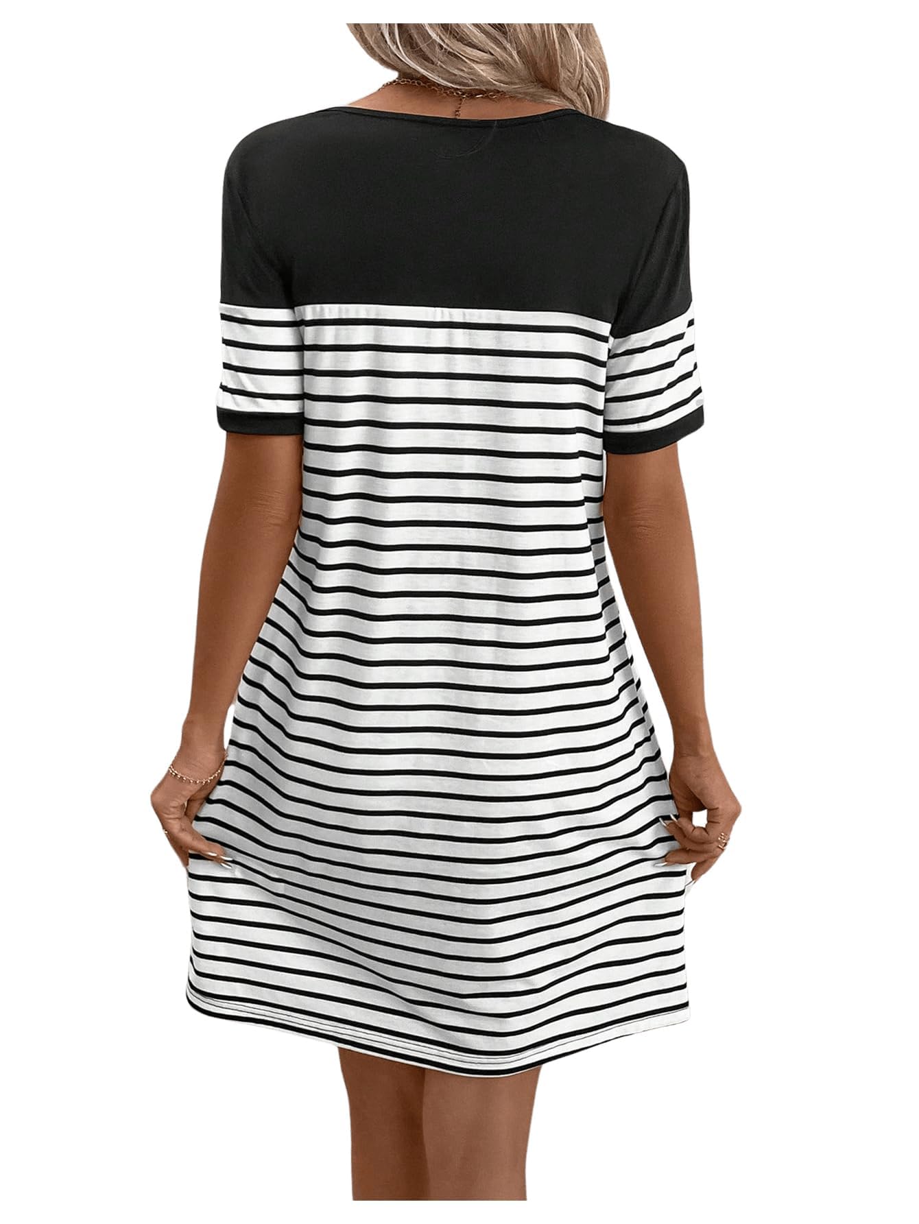 Women's Casual Summer Dresses 2025 - Short Sleeve Crewneck Striped Button Front Mini T-Shirt Dress with Pockets | Perfect for Beach Outings, Brunch Dates & Summer Vacations