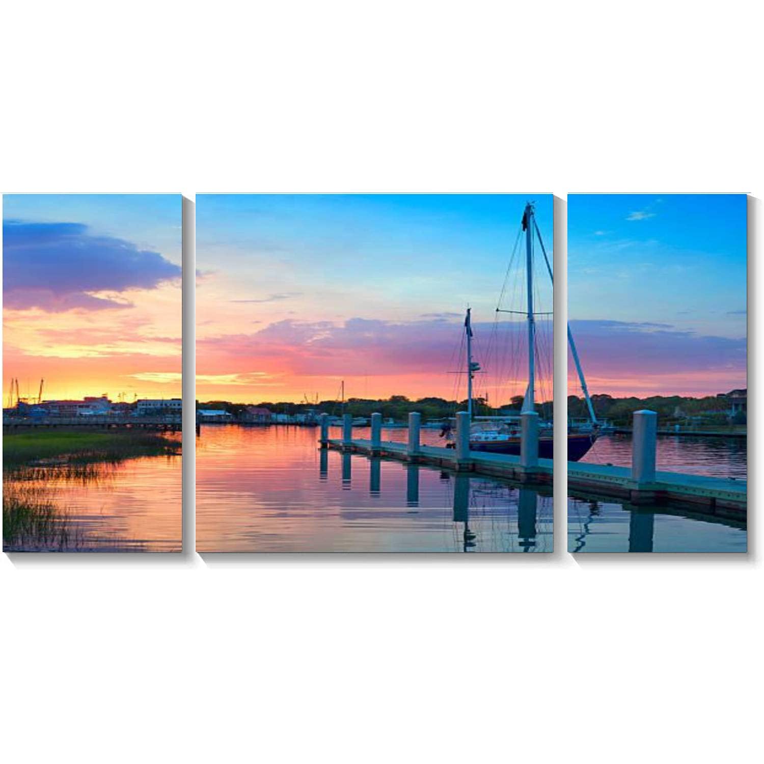 BDMPIZLNSF 3-Panel Framed Canvas Wall Art - Sunrise Over Docked Sailboats in Charleston SC - Coastal Landscape Painting for Living Room, Bedroom & Office Decor - Perfect for Beach House, Nautical Theme & Home Staging - Ready to Hang