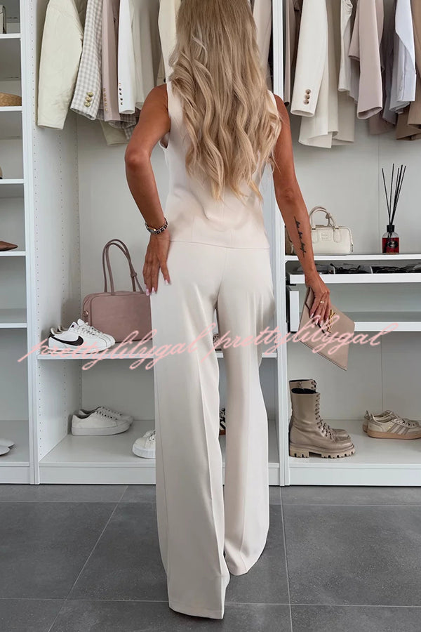 Stylish Women's Sleeveless Button Vest & Relaxed Pocket Wide Leg Pants Set - Office Workwear & Business Casual Outfit for Professional Women