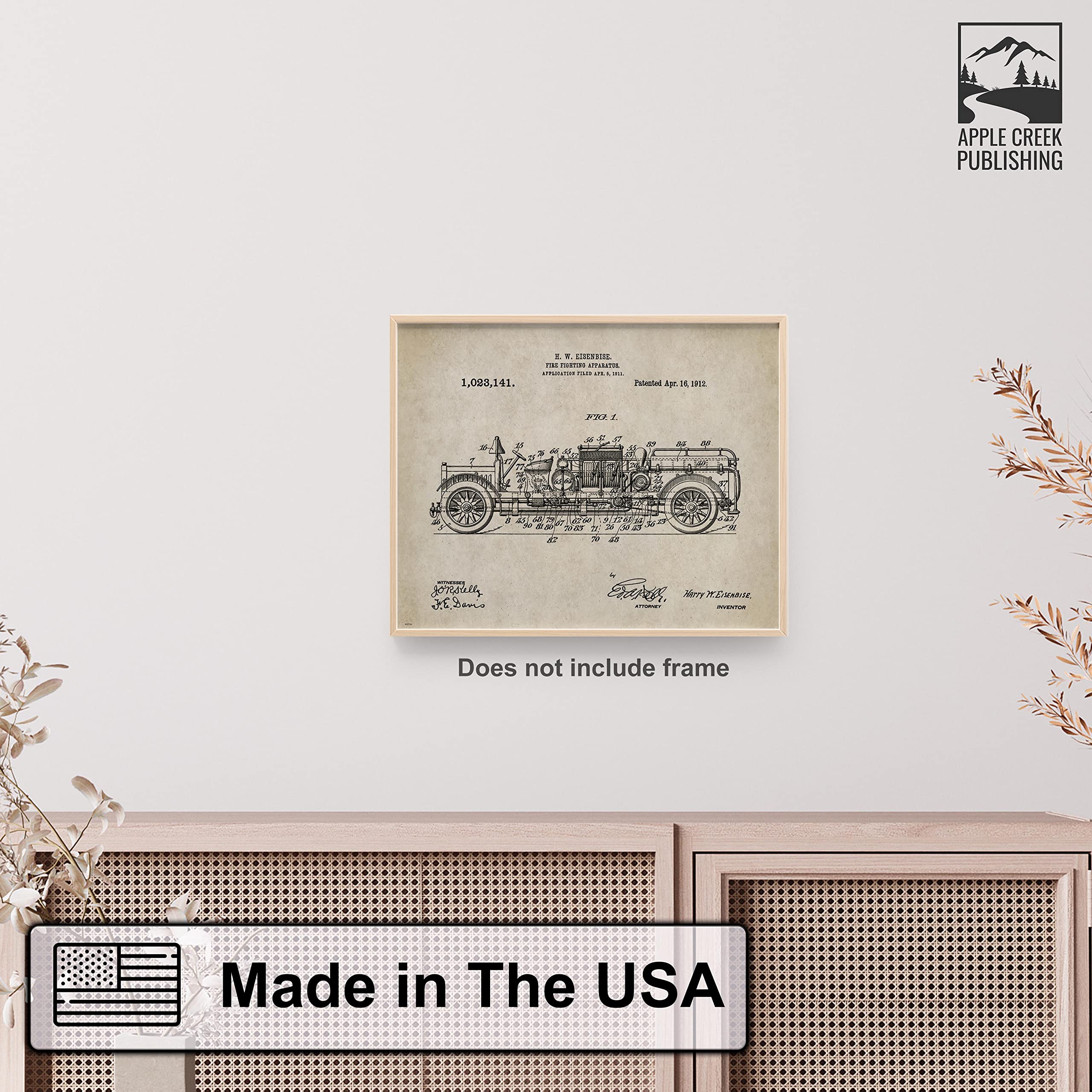 Firefighter Fire Truck Patent Poster - 11x14 Fireman Helmet & Gear Wall Art Print - Perfect for Fire Station, Home Office & Man Cave Decor
