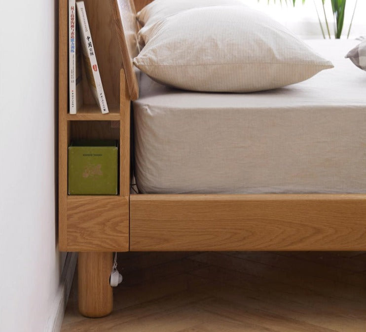 Solid Oak Wood Platform Bed with Bookshelf Headboard - Modern Bedroom Furniture for Small Spaces & Cozy Reading Nook