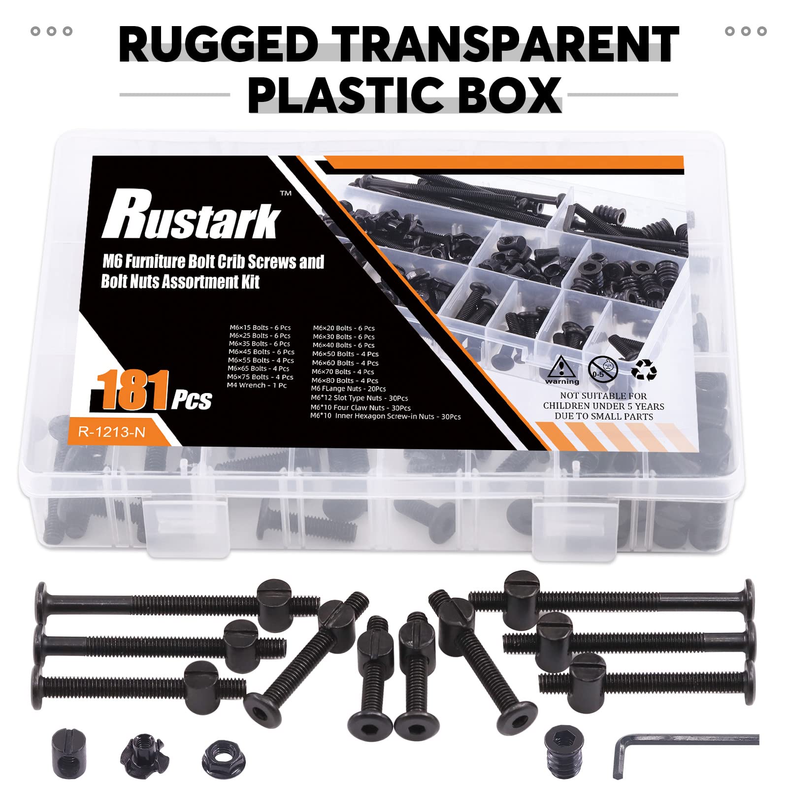 181-Piece M6 x 15-80mm Black Crib Screw Hardware Replacement Kit - Zinc Plated Hex Socket Head Cap Bolts, Thread Nutsert, Barrel Nuts, T-Nuts & Flange Nuts Assortment - Perfect for Crib Beds, Furniture Assembly & DIY Home Repair Projects