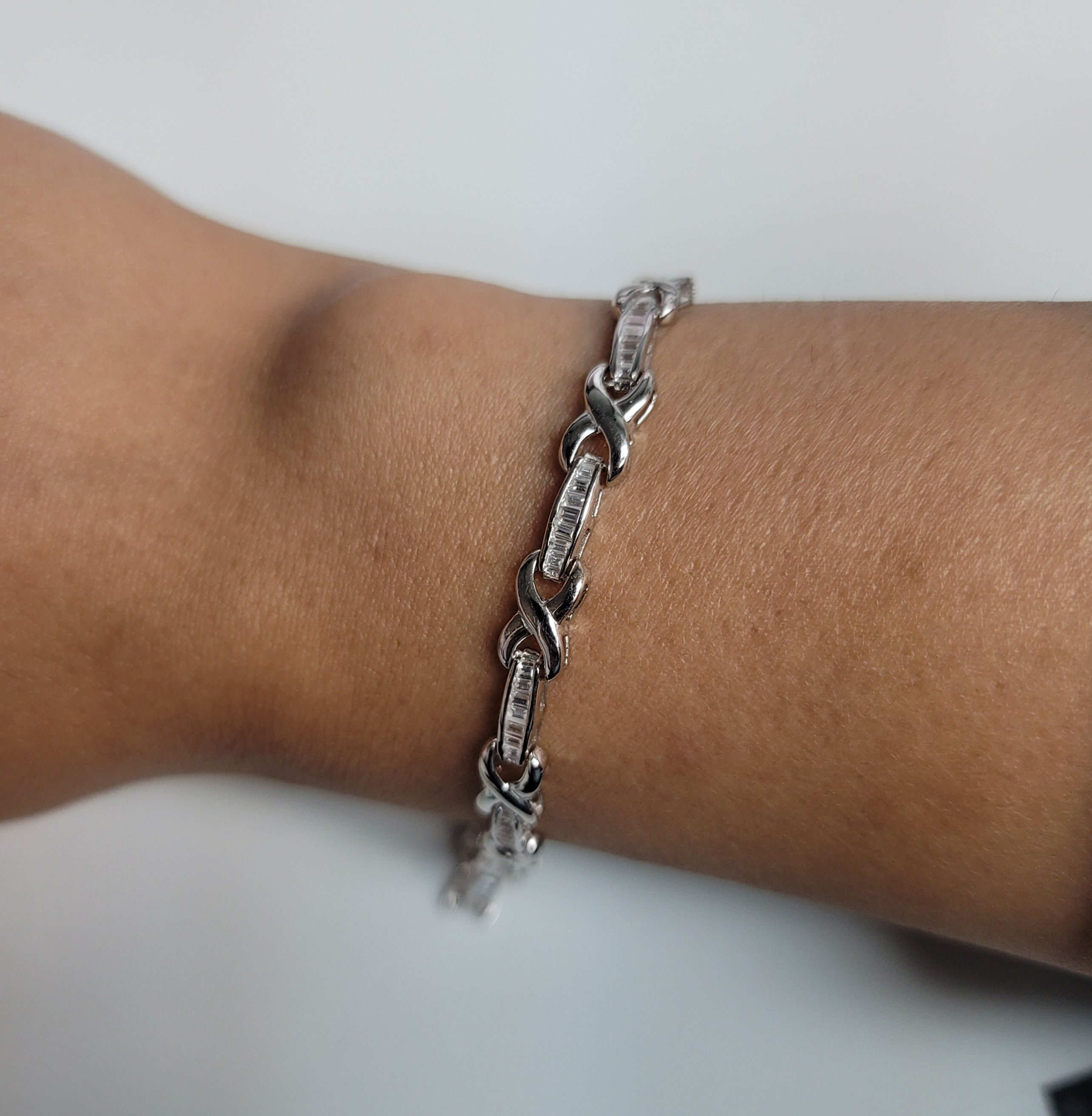 14k White Gold X-Linked Baguette Diamond Tennis Bracelet | Elegant Stackable Bracelet for Women, Perfect for Weddings, Anniversaries & Special Occasions