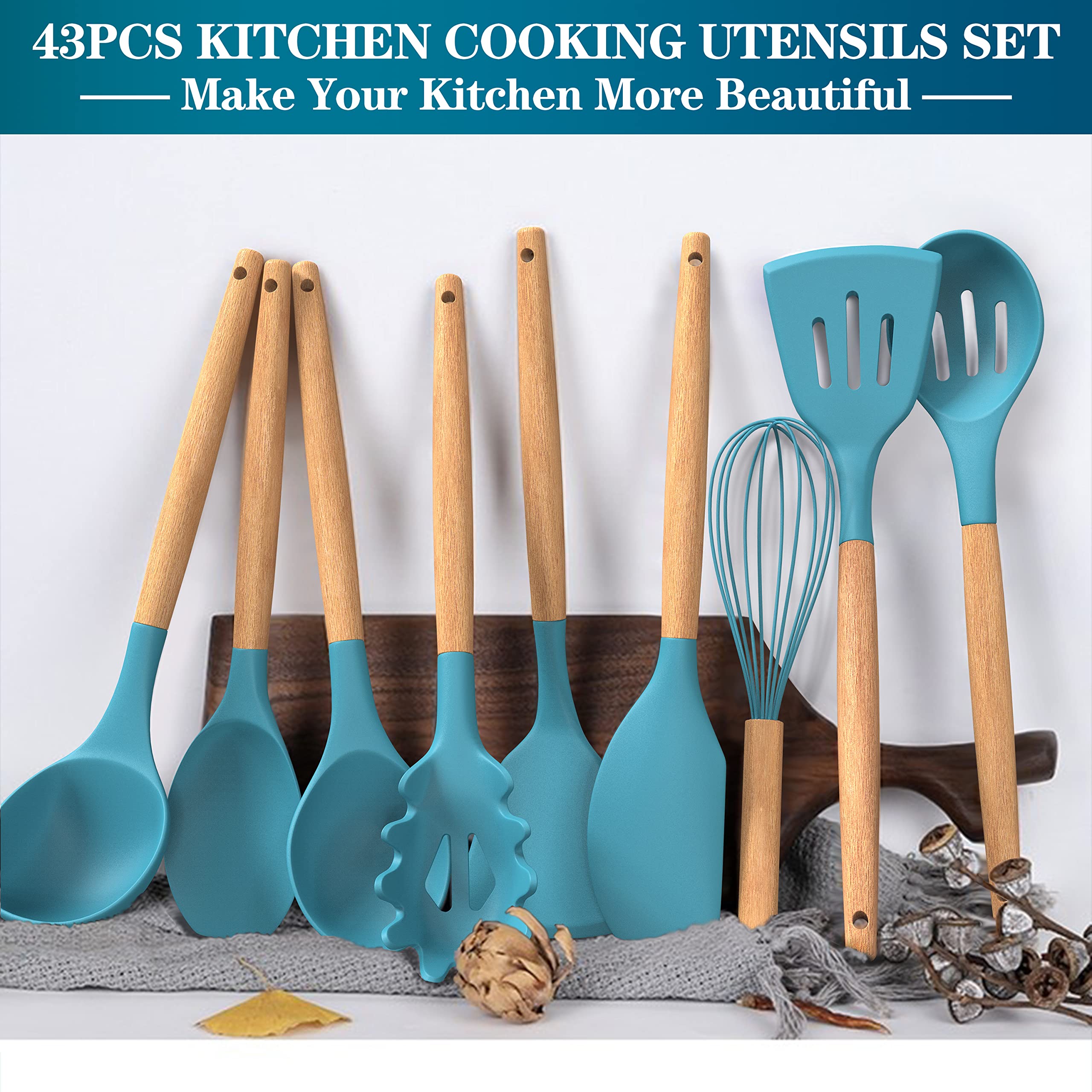 43Pcs Silicone Cooking Utensils Set with Wooden Handle - Non-Stick, Heat Resistant Kitchen Tools for Baking, Cooking & Mixing - Includes Storage Holder - Perfect for Home Chefs & Professional Kitchens (Dark Blue)