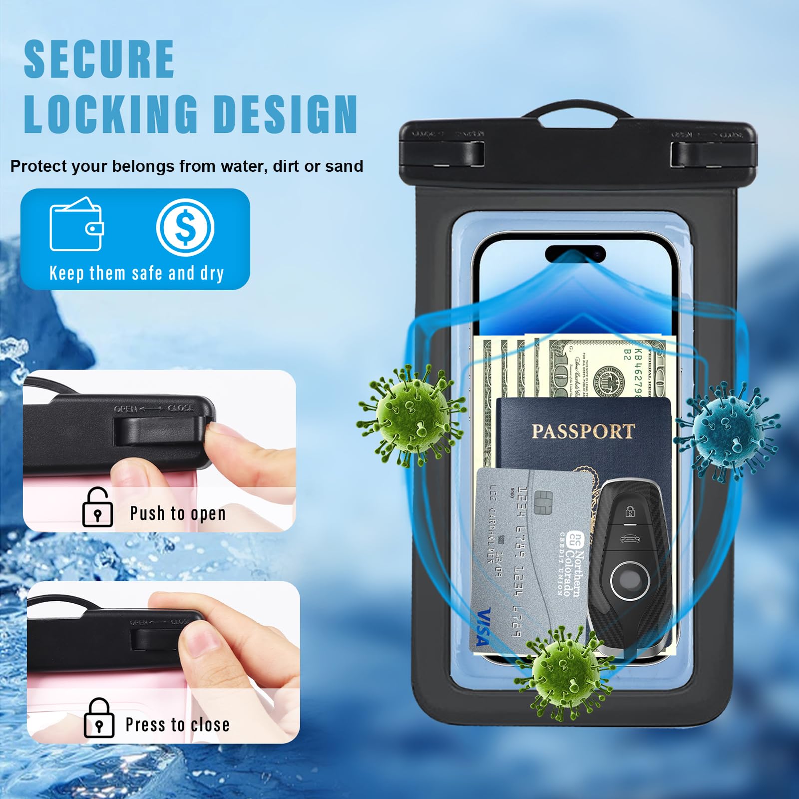 2 Pack Waterproof Phone Pouch IPX8 - Universal Waterproof Phone Case for iPhone 16/15 Pro Max/14/13/12/11/XR/XS & Samsung S24/S23 (Fits up to 6.8