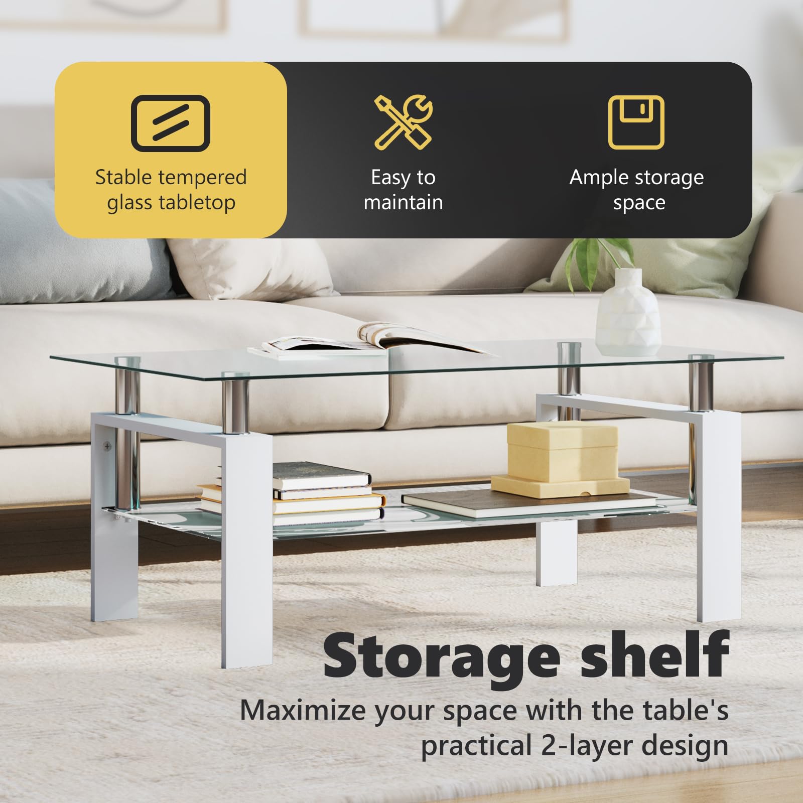 vidaXL White & Clear Tempered Glass Coffee Table with Storage Shelf - Modern Living Room Furniture, Safety Certified, Easy to Clean - Perfect for Small Spaces, Apartments & Contemporary Home Decor
