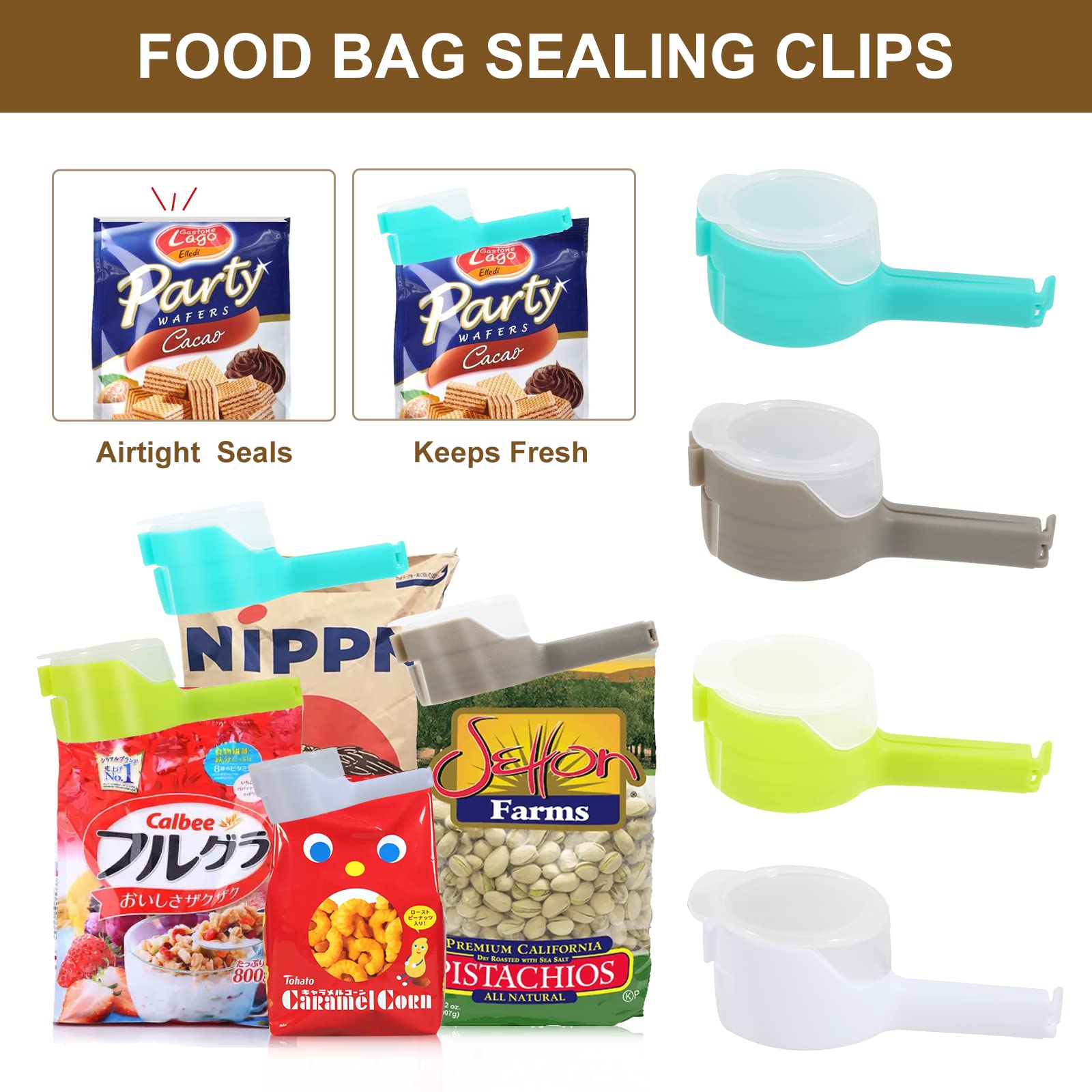 Food Storage Clips with Pour Spout - 4 Pack Durable Plastic Bag Clips for Snacks, Cereal, Chips & Dry Food | Airtight Sealing for Kitchen, Pantry & Travel
