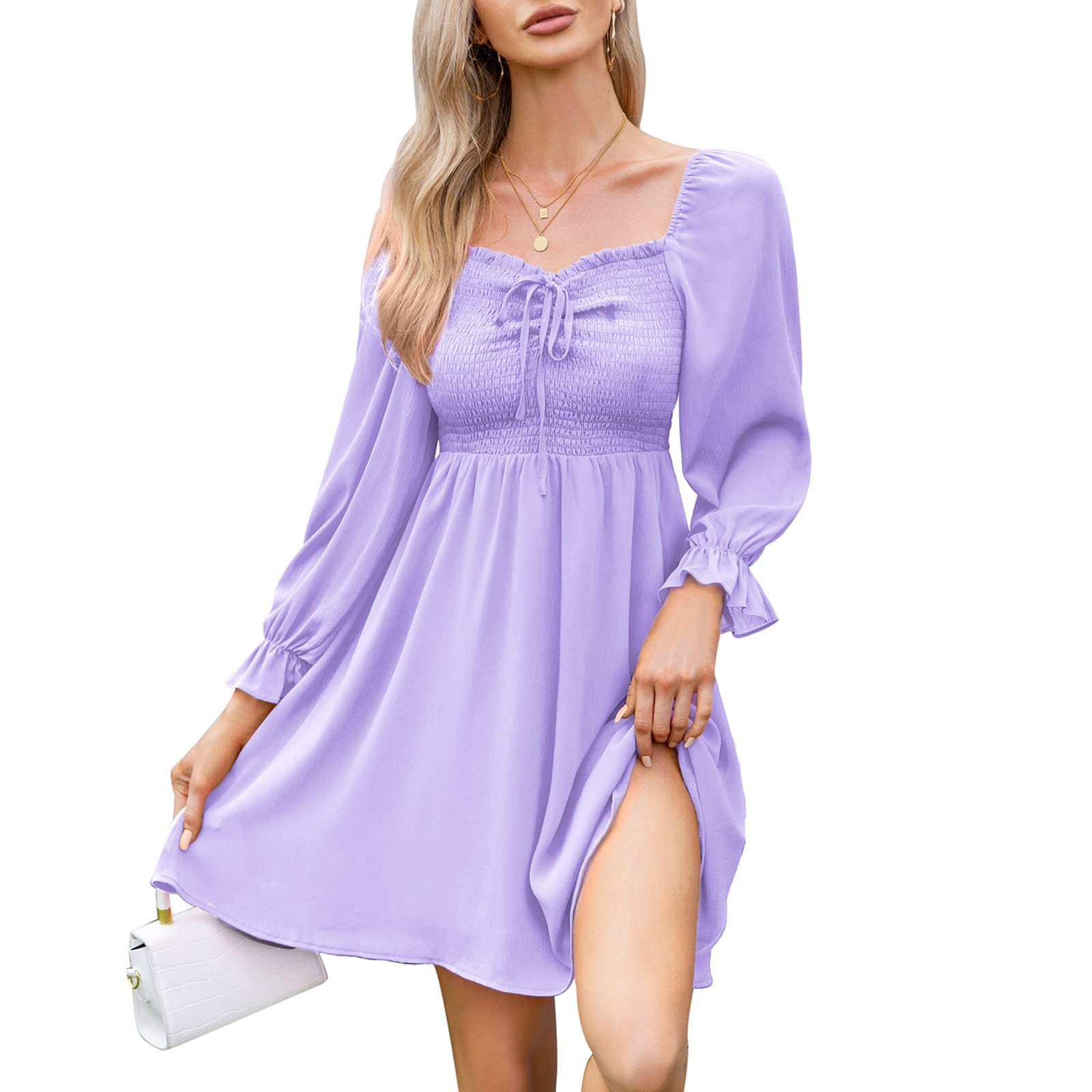 Byinns Women's Drawstring Mini Dress - Sweetheart Neckline Smocked Flowy Summer Dress with Puff Long Sleeves & Ruffles | Perfect for Wedding Guest, Party, Date Night and Casual Outings