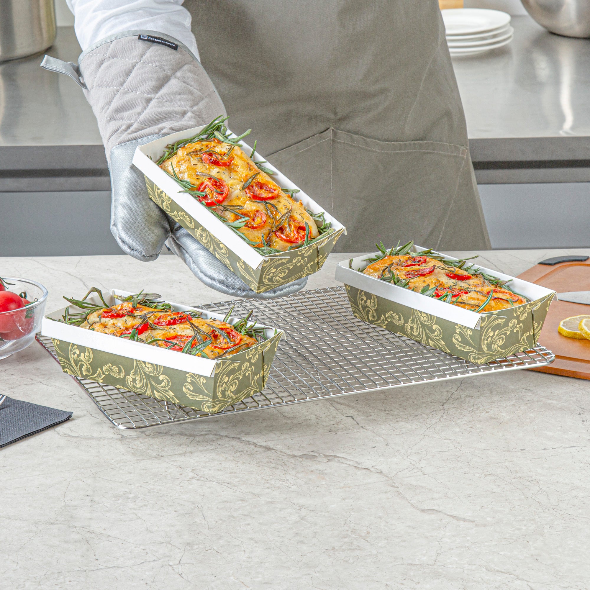 Bake Tek 13 oz Dark Green Vintage Floral Paper Loaf Pans - Greaseproof Baking Cups (7x3.25x2 Inches) - 100 Count Bulk Box - Perfect for Cupcakes, Muffins & Party Desserts