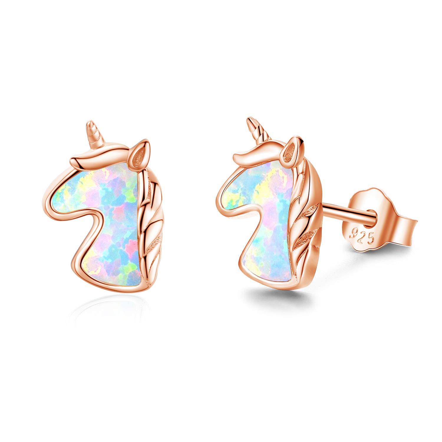 Hypoallergenic S925 Sterling Silver Unicorn Stud Earrings with Created Opal | Cute Jewelry Gift for Women & Daughters | Birthday Present, Party Wear, Everyday Fashion Accessory