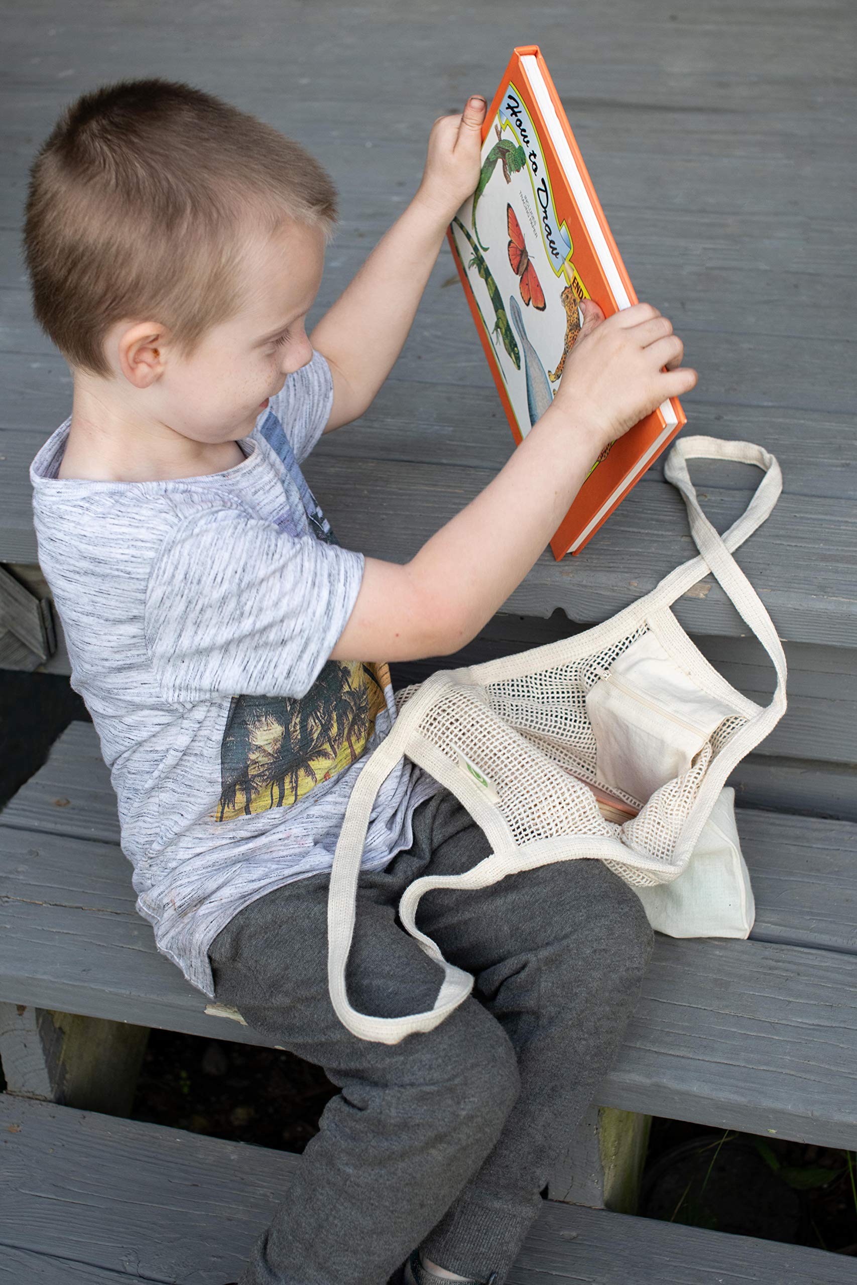 Organic Cotton Mesh Grocery Bags - Reusable Eco-Friendly Shopping Totes with Reinforced Bottom for Farmers Market, Mushroom Foraging & French Market (Set of 3) - Perfect for Grocery Shopping, Beach Trips & Picnics