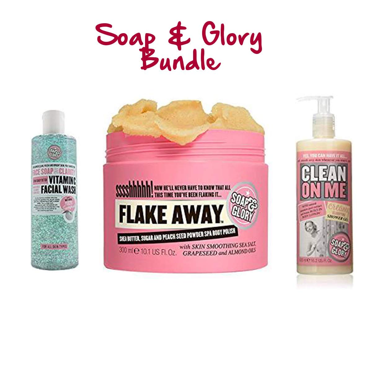 Soap and Glory Body Flake Away Exfoliating Scrub with Face Soap & Clarity 3-in-1 Cleanser + Clean On Me Clarifying Shower Gel Set - Skincare Bundle for Smooth Skin & Deep Cleansing | Perfect for Spa Day, Dry Skin Treatment & Daily Shower Routine