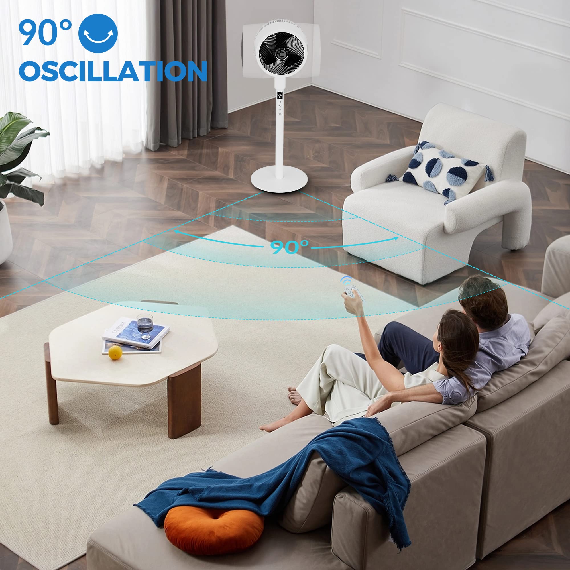 CoCoCo Remote Control Pedestal Fan - 32 Speed Adjustable Floor Fan with 90° & 360° Oscillation, Ultra Quiet Air Circulator for Bedroom & Office, 12-Hour Timer, Height Adjustable - Perfect for Home Cooling, Office Comfort & Housewarming Gifts