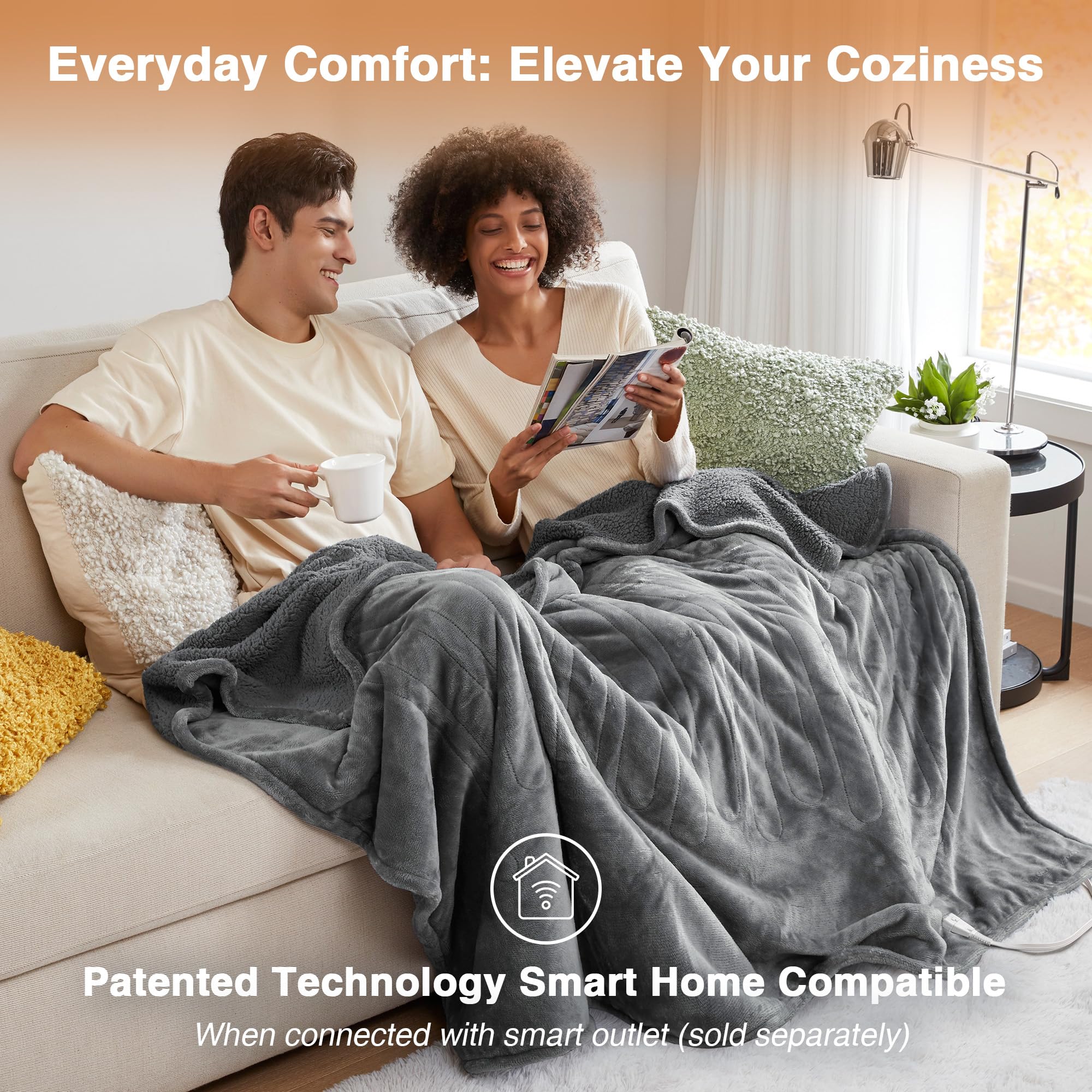 Beautyrest Electric Heated Blanket - 20 Heat Settings & Auto Shut Off Timer, Reversible Sherpa Plush Blanket for Queen Size Bed (90x84 inches), Machine Washable, Soft & Warm Grey Blanket - Perfect for Winter Nights, Cold Weather & Cozy Home Comfort