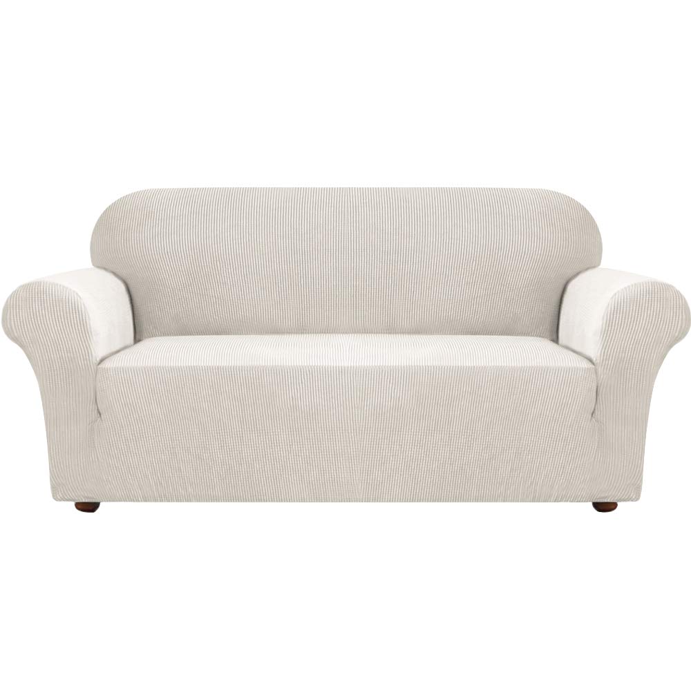 Turquoise Jacquard Stretch Sofa Slipcover - Elastic Bottom 3-Cushion Couch Cover - 1-Piece Pet-Friendly Furniture Protector for Living Room (Ivory) | Perfect for Home Decor, Pet Owners & Sofa Protection