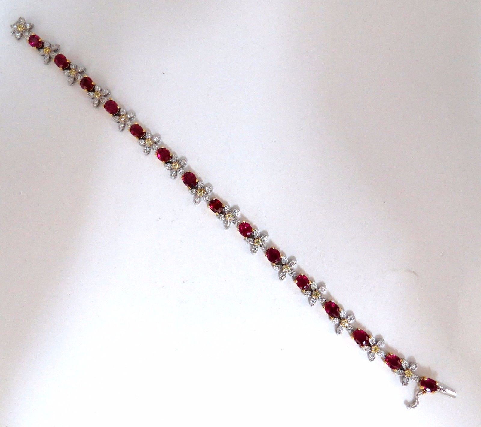 7.27ct Natural Red Ruby & Diamond Flower Cluster Tennis Bracelet in 18K Gold - Perfect for Weddings, Anniversaries & Special Occasions