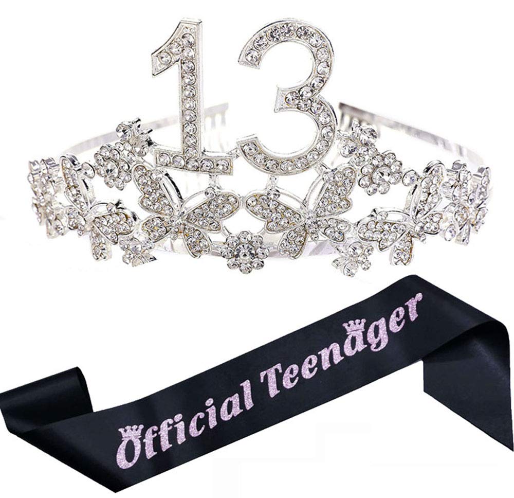 13th Birthday Tiara and Sash Set for Girls - Silver Crystal Rhinestone Crown & Satin Sash - Teen Birthday Party Decorations - Perfect for Sweet 16, Quinceañera & Coming of Age Celebrations