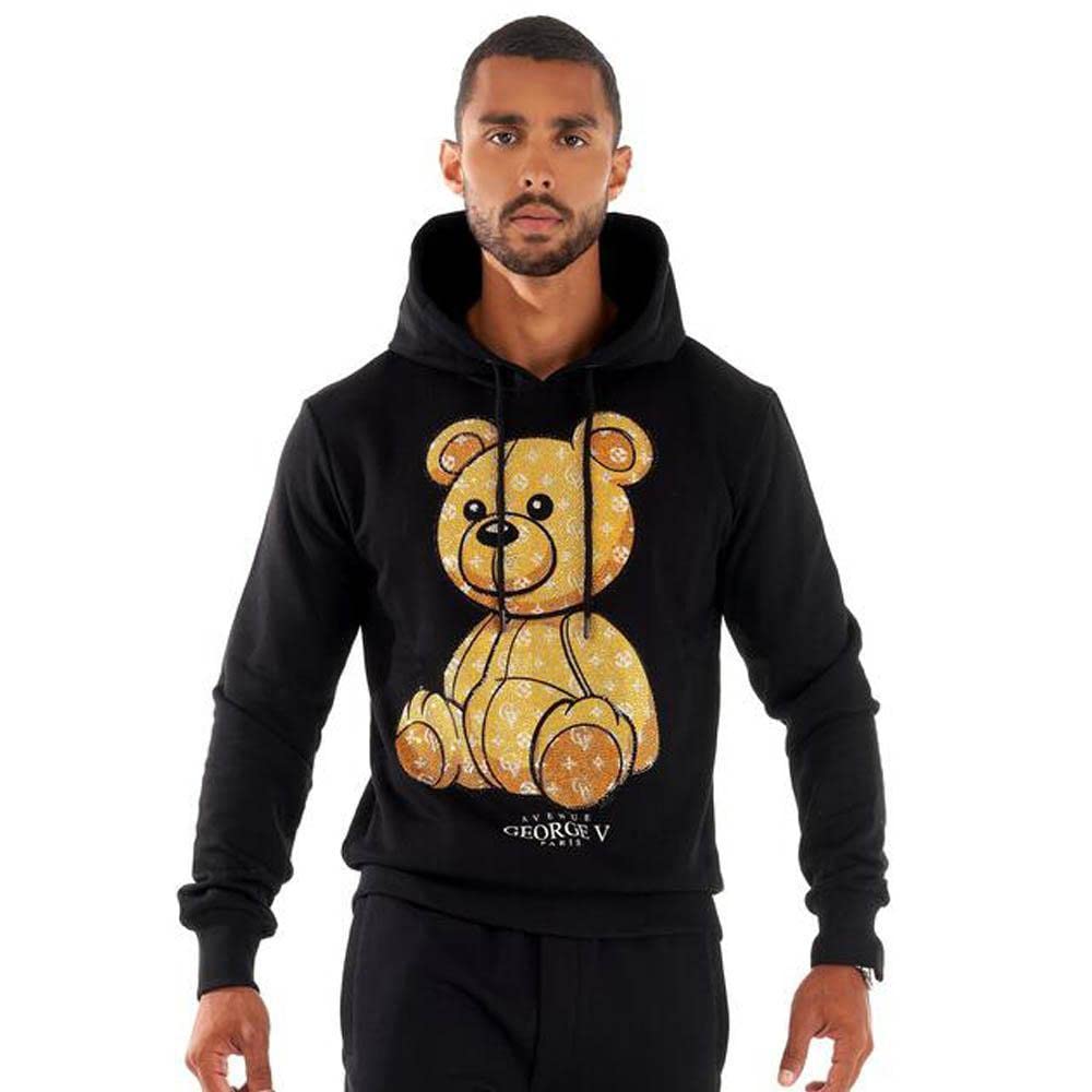 George V Men's Teddy Fleece Hoodie - Black & Yellow Color, Cozy Winter Pullover for Outdoor Activities, Casual Wear & Street Fashion