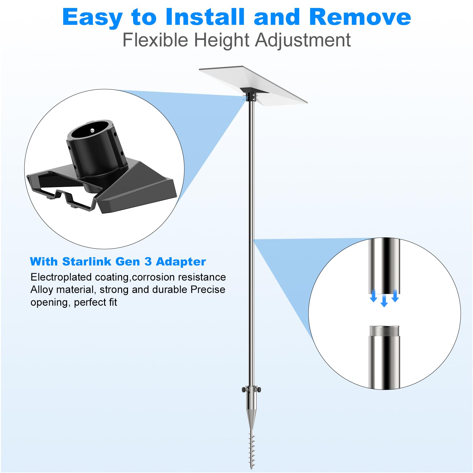 Starlink Gen 3 Pole Mount Kit - Stainless Steel Ground Mounting System with 5 Poles | No Dig Anchor & Aluminum Alloy Pipe Adapter | Perfect for Yard, Lawn & Outdoor Satellite Internet Installation