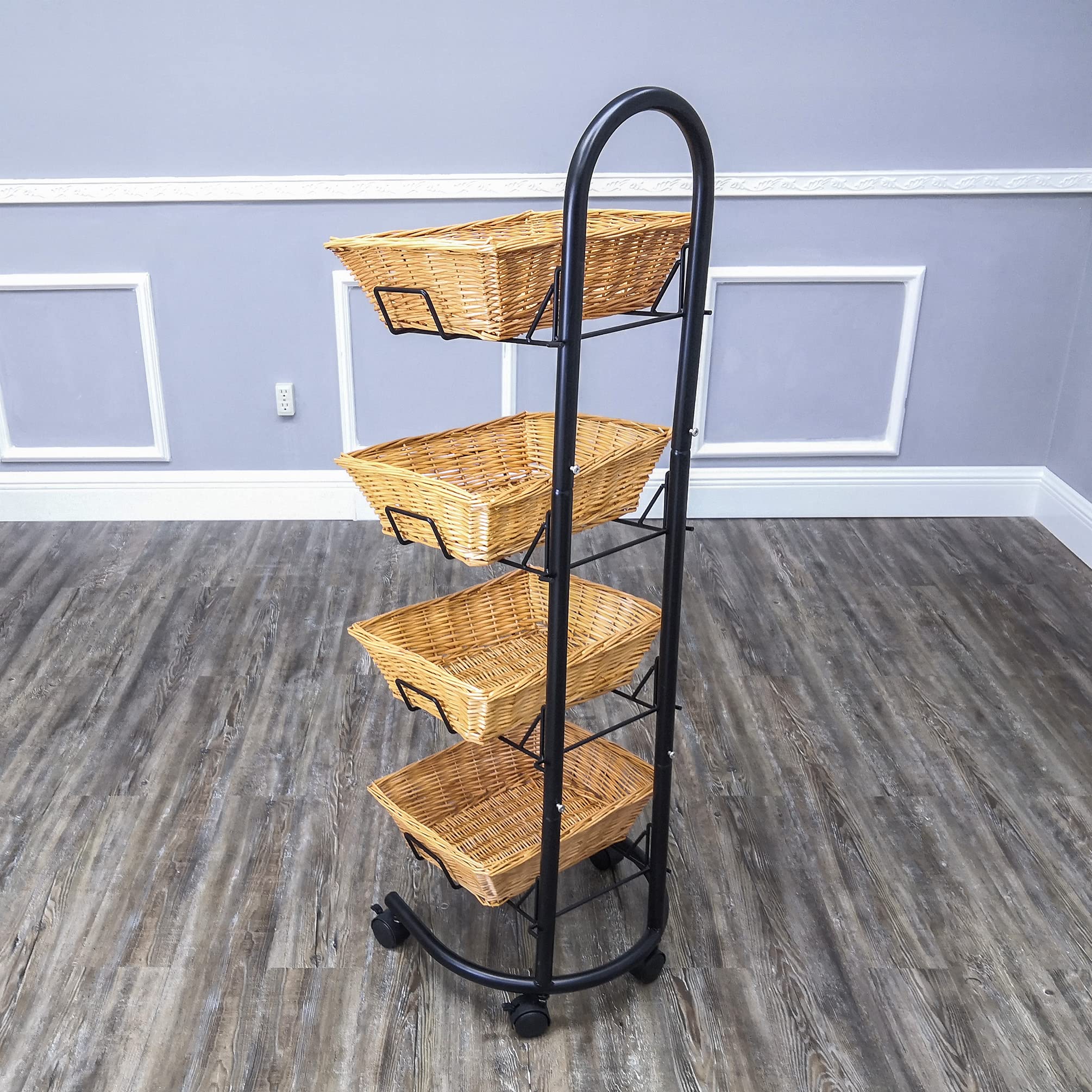 FixtureDisplays® 4-Tier Rolling Wicker Basket Display - Mobile Kitchen Pantry Organizer & Market Merchandiser Stand with Wheels - Perfect for Grocery Stores, Farmers Markets, and Home Storage Solutions