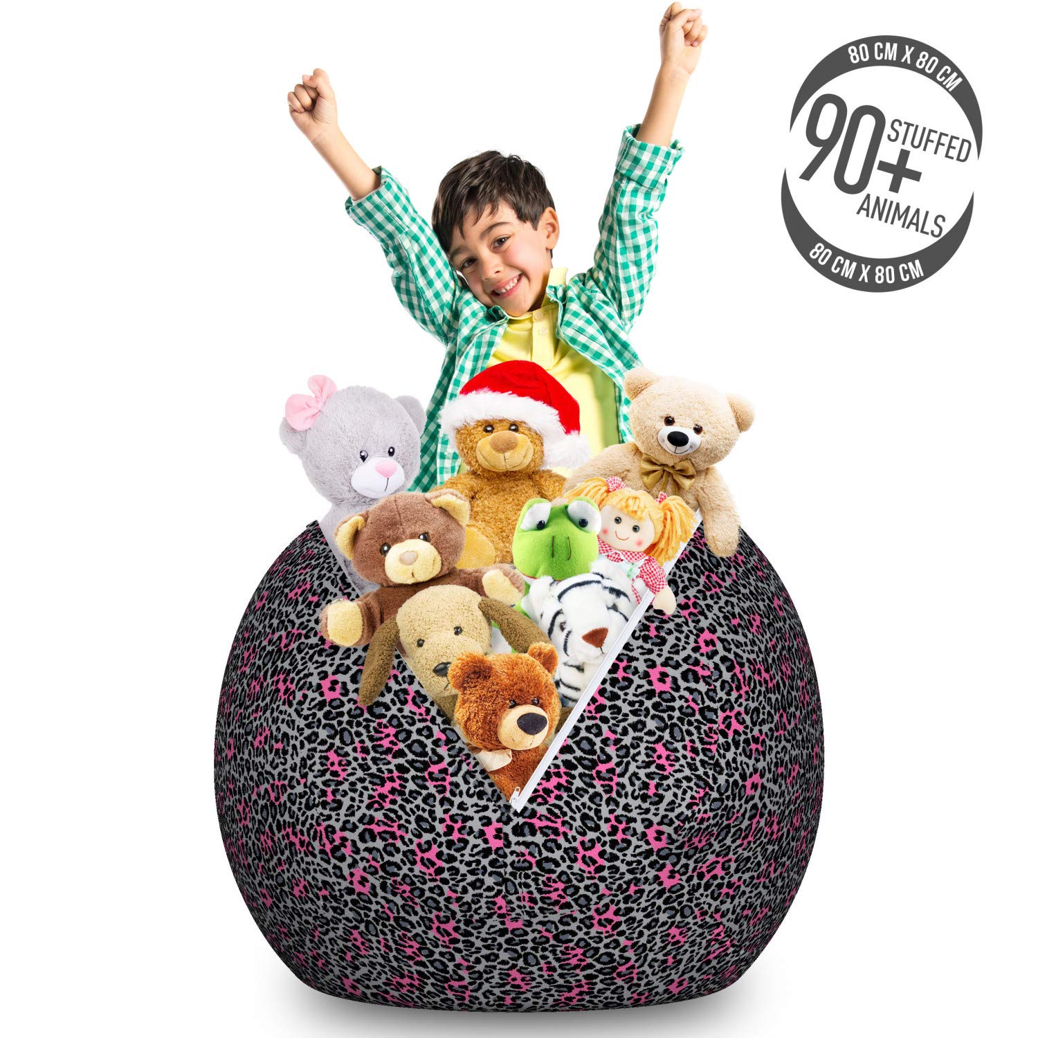 Ambesonne Leopard Print Storage Toy Bag Chair - Large Washable Stuffed Animal Organizer with Savannah Animal Pattern, Pink Grey Black - Perfect for Kids' Room, Playroom & Nursery Organization