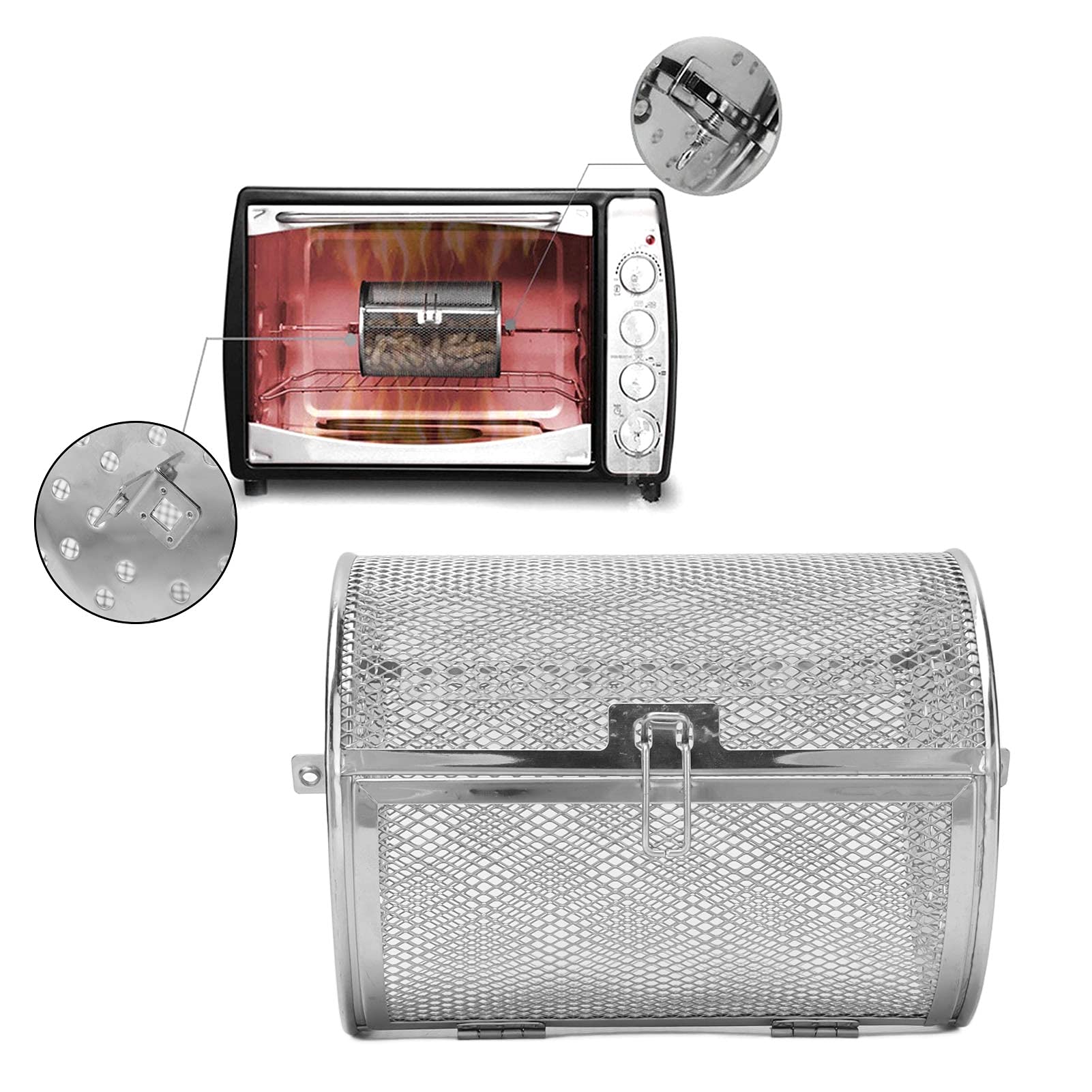 Stainless Steel Rolling Grill Basket with Removable Door - Anti-Oven Cage for BBQ, Camping & Outdoor Cooking - Perfect for Grilling Vegetables, Seafood & Meats at Picnics & Backyard Parties