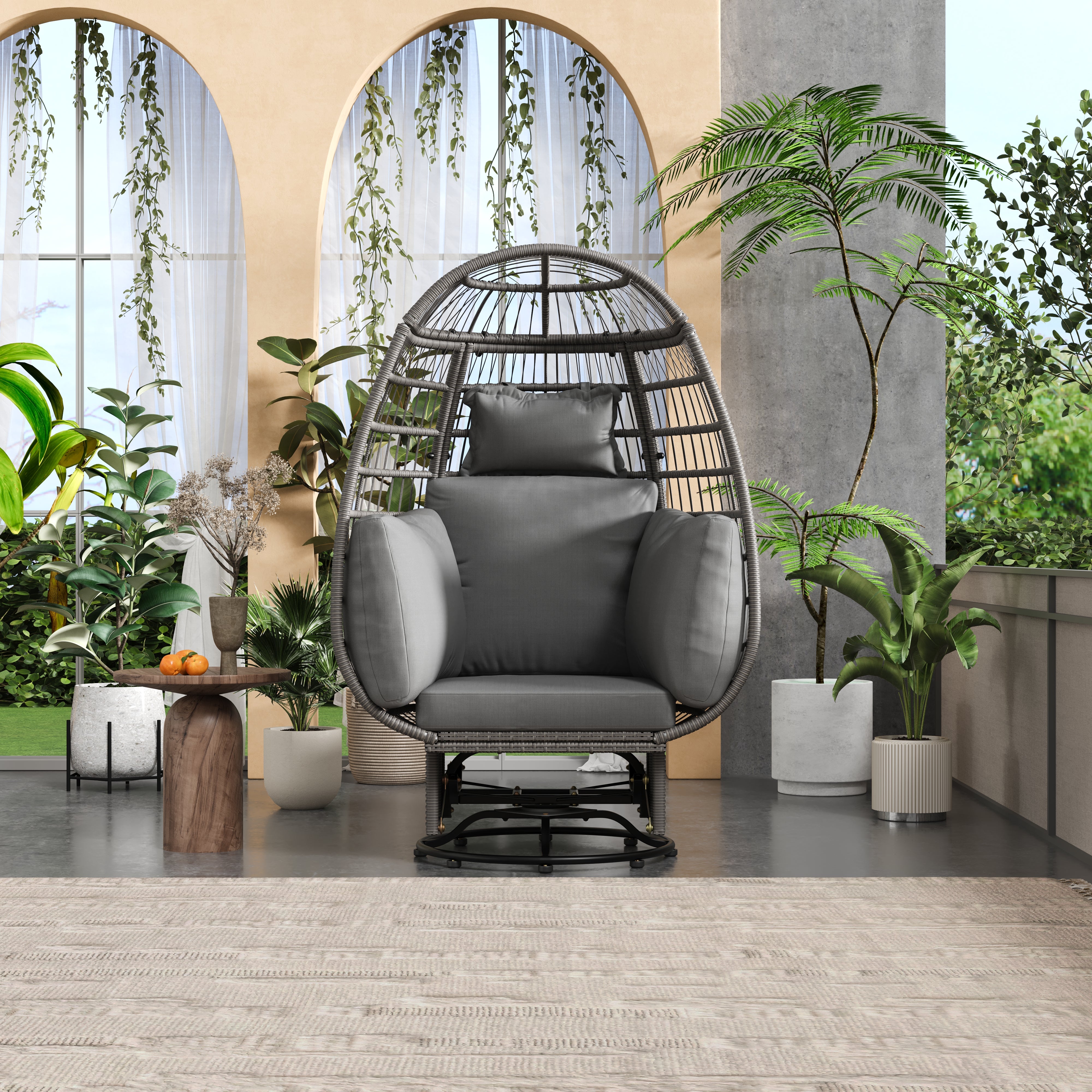 Outdoor Swivel Rocking Chair with Cushions - Rattan Egg Patio Chair for Balcony, Poolside, Garden - Perfect for Relaxing, Lounging & Sunbathing