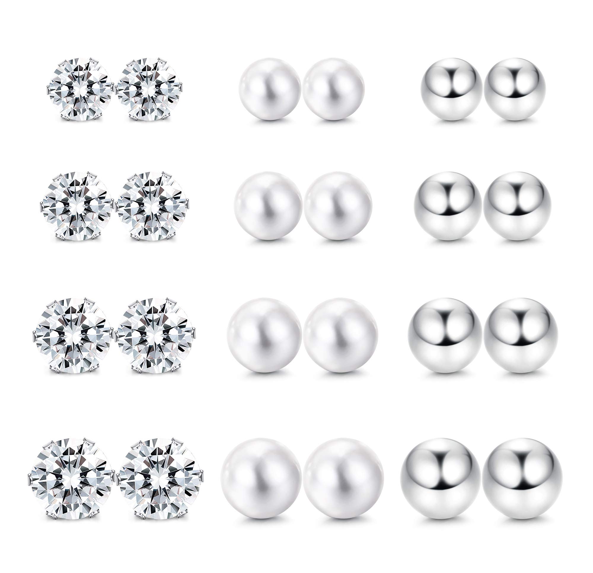 Florideco 12 Pairs Stainless Steel Stud Earrings for Women & Girls - Cubic Zirconia & Pearl Earrings for Women & Men | Perfect for Everyday Wear, Gifts & Special Occasions
