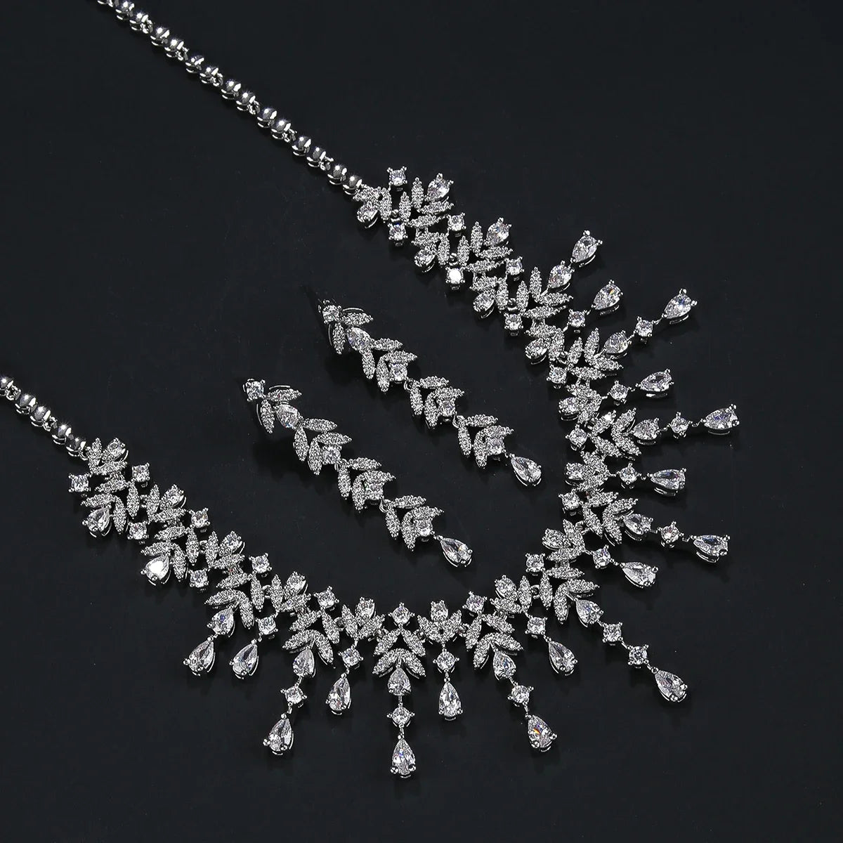 Elegant Leaf and Water Drops Necklace Earrings Set for Women - Luxury Bridal Jewelry Set with White Zirconia - Perfect for Weddings, Dubai Parties & Special Occasions - CN11203