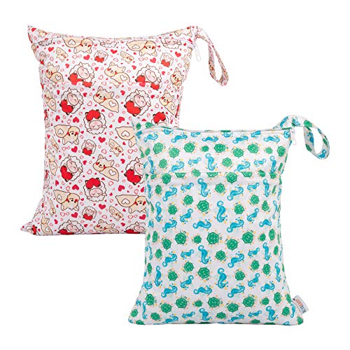 ALVABABY 2 Pack Reusable Waterproof Wet Dry Bags with Dual Zippered Pockets - Cloth Diaper Storage, Travel, Beach, Pool, Daycare Essentials - Perfect for Baby Items, Swimsuits, Gym & Yoga Clothes (Model LX-H356357)